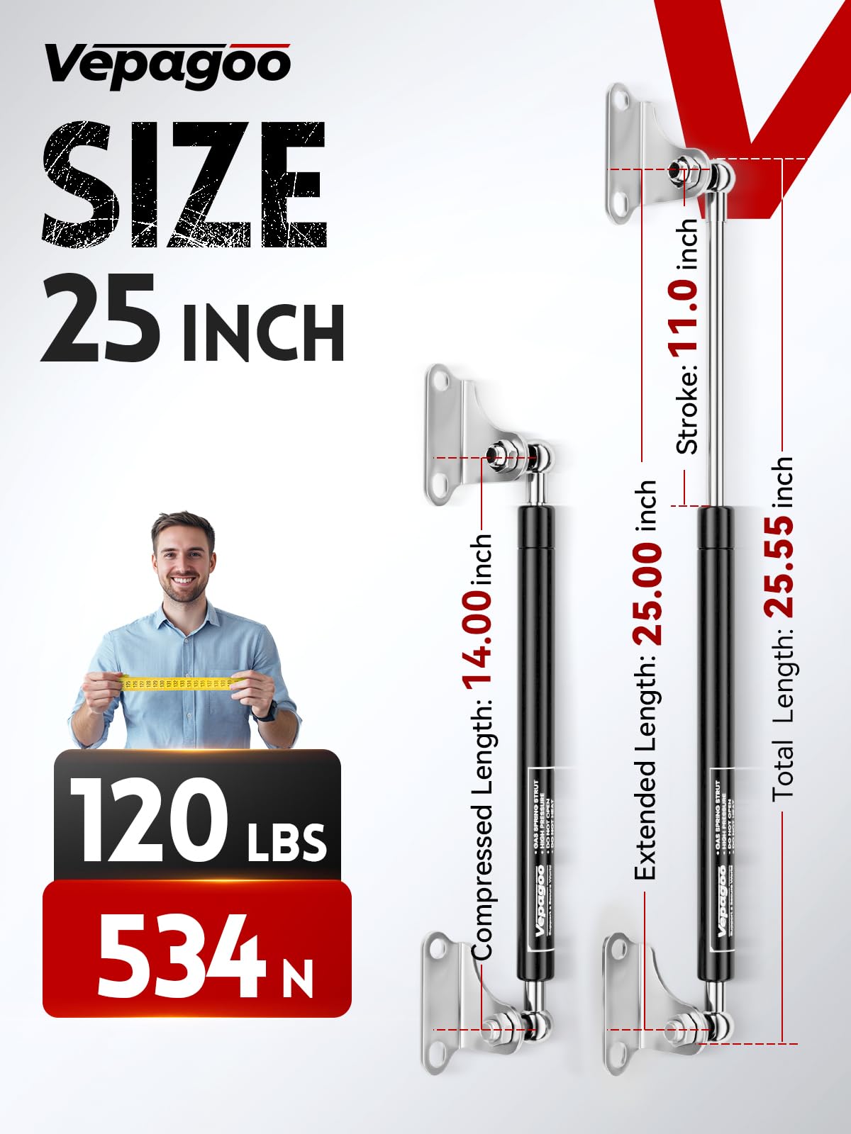 Vepagoo Gas Struts 25 Inch 120Lb/534N Shock With Mounting Brackets, Rv Bed Storage Door Lift Support, Heavy Lid Duty Springs (Fi
