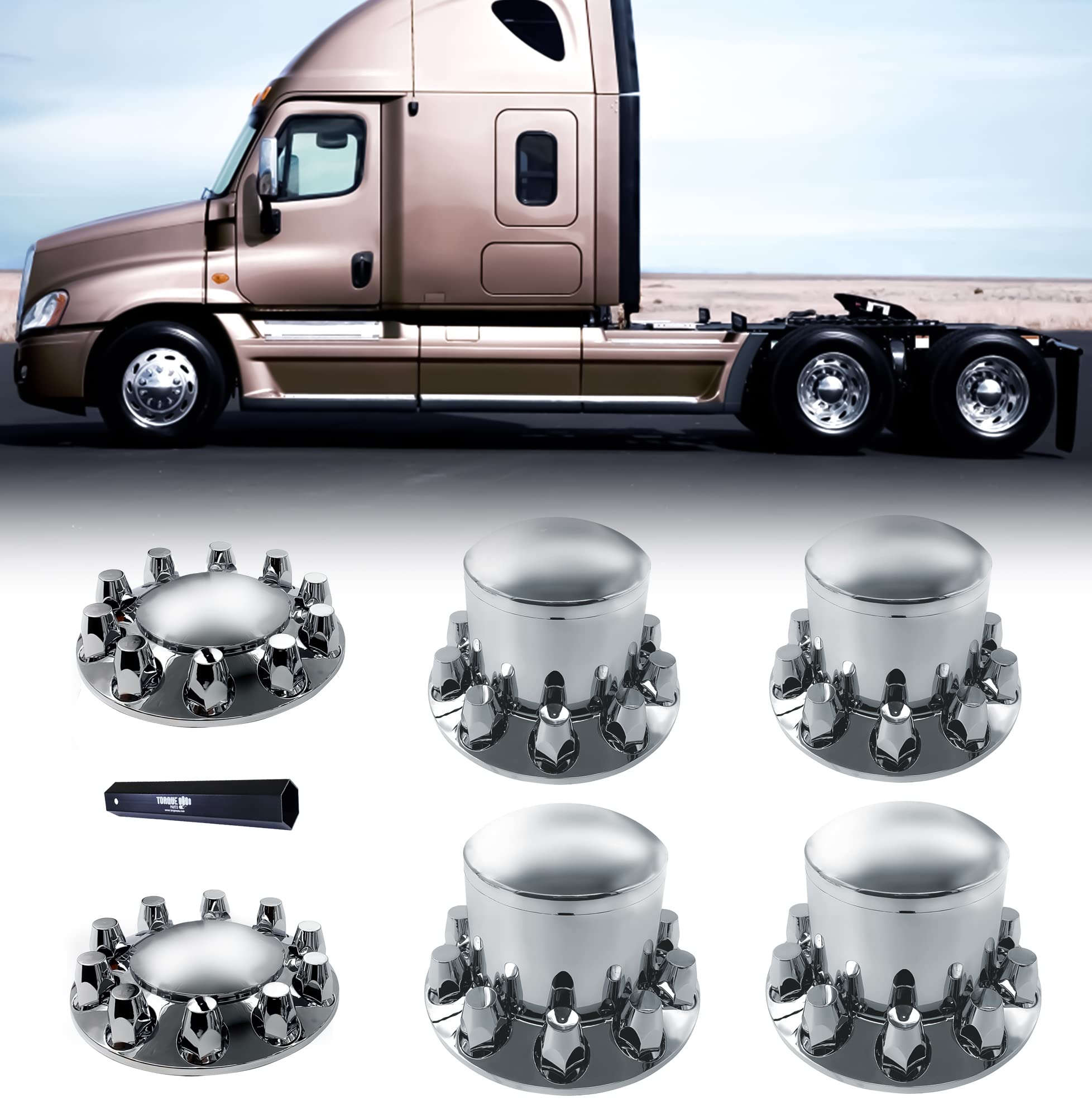 Torque Chrome Front And Rear Axle Complete Wheel Cover Set 33Mm Screw-On Lug Nut Covers For Semi Trucks (Installation Tool Inclu