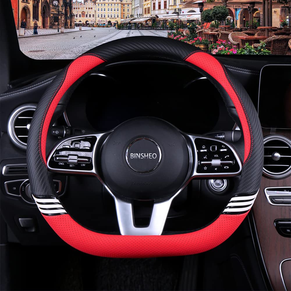 Binsheo Cute Steering Wheel Cover D Shape For Girls Women Universal 15 Inch,Black And Red