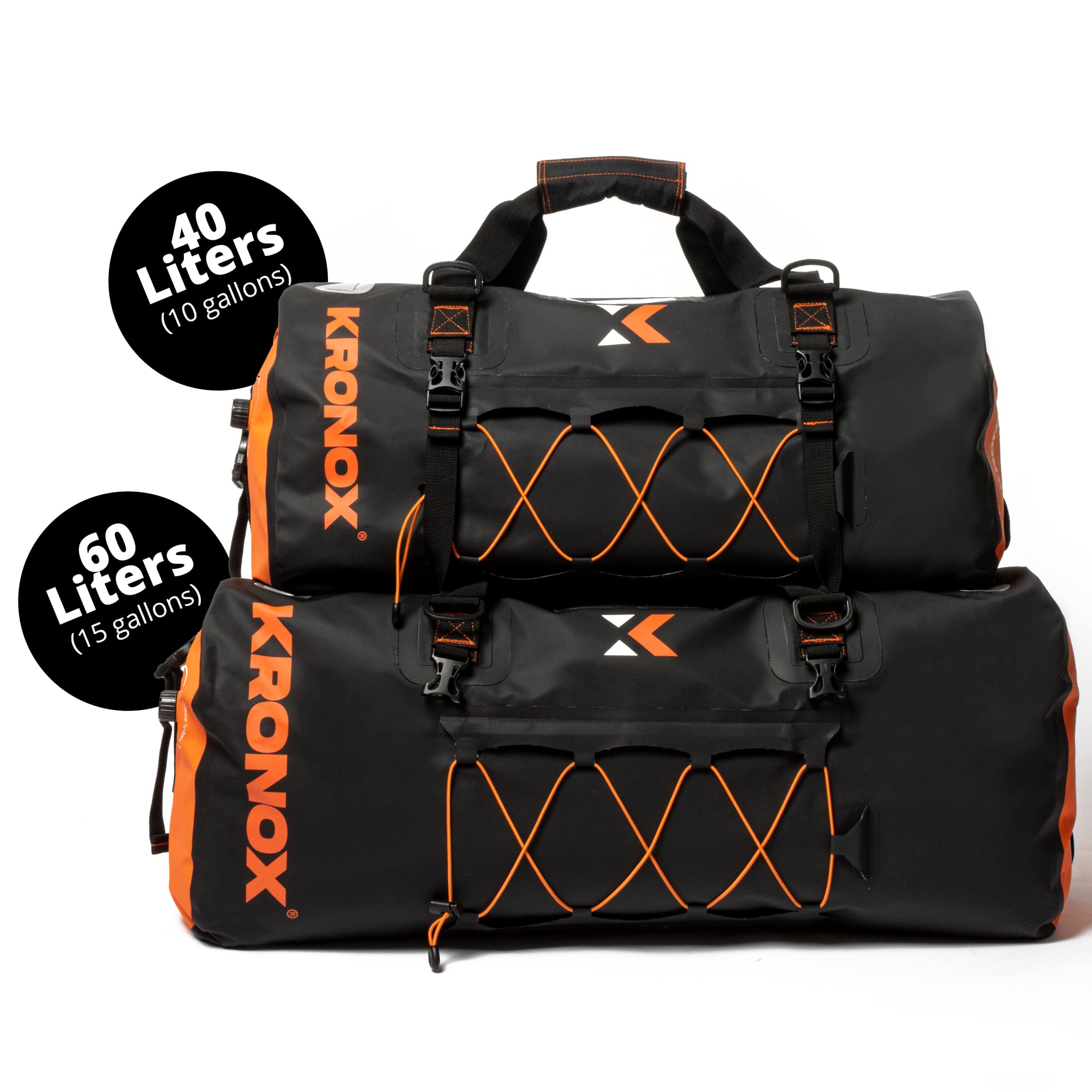Kronox Waterproof Duffle Bag For Motorcycle Back Seat - Black & Orange, Vinyl, Hook And Loop Closure, 40-60 Liters Capacity, Ultimate Gear For Riders