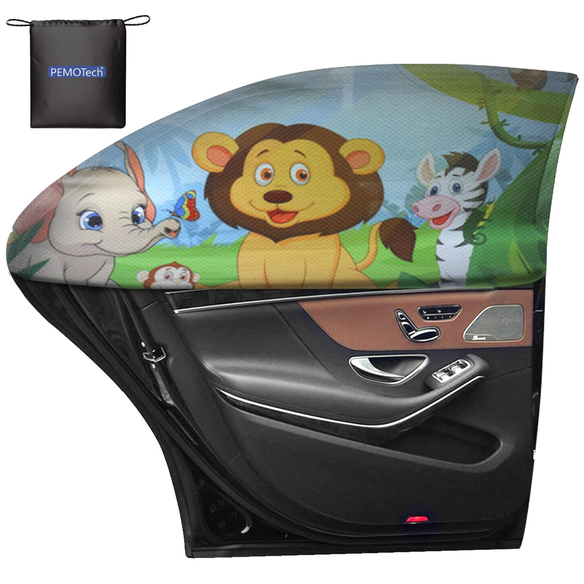 Pemotech Car Window Shade For Baby, 2 Pack Uv Protection Car Side Window Sun Shades Cartoon Animal Design, Universal Stretchable