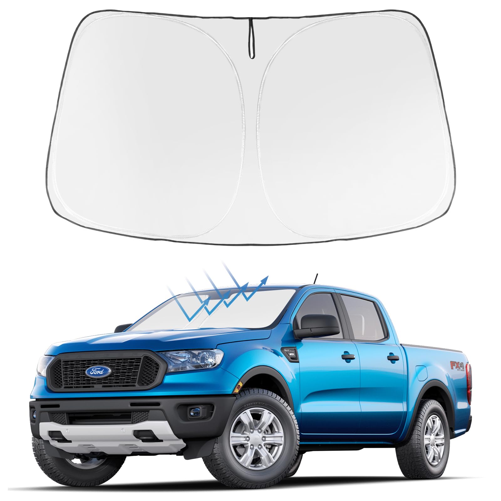 Proadsy Front Windshield Sun Shade Foldable Sunshade Protector Custom Fit 2019-2024 2025 Ford Ranger, Xl, Xlt, Lariat Accessorie
