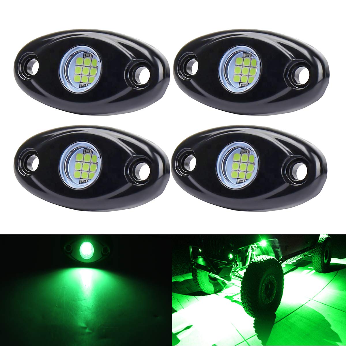 Green Led Rock Lights, 4 Pods Neon 12V Waterproof Underglow Underbody Kit Crawler Crawling Dome Exterior Wheel Lights For Atv Rz