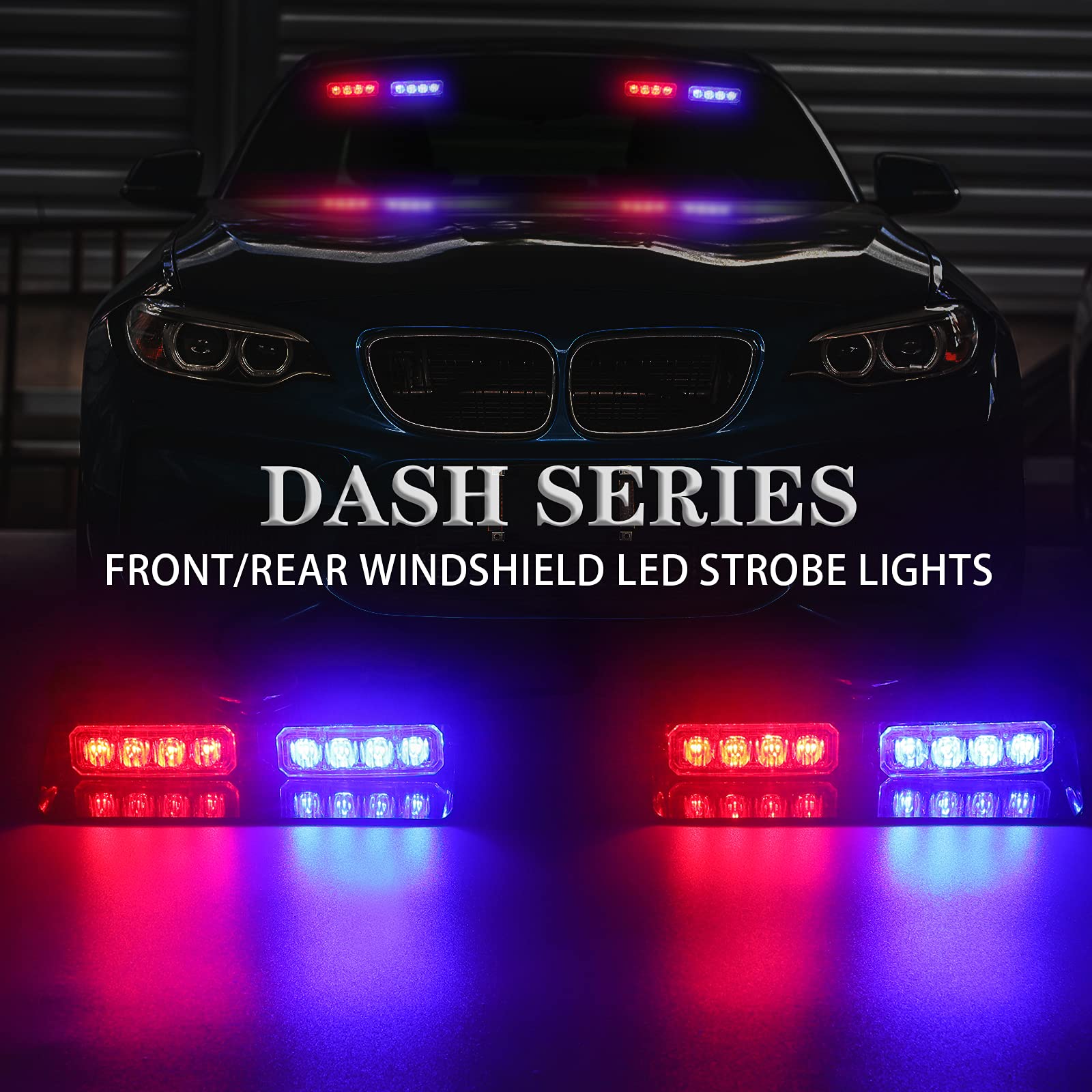 Xridonsen 2 In1 Dash Emergency Strobe Lights Interior Windshield Red Blue Warning Safety Flashing Police Lights Law Enforcement W/Suction Cups For Volunteer Vehicles, Trucks (2×7.16 Inch, 16 Led)