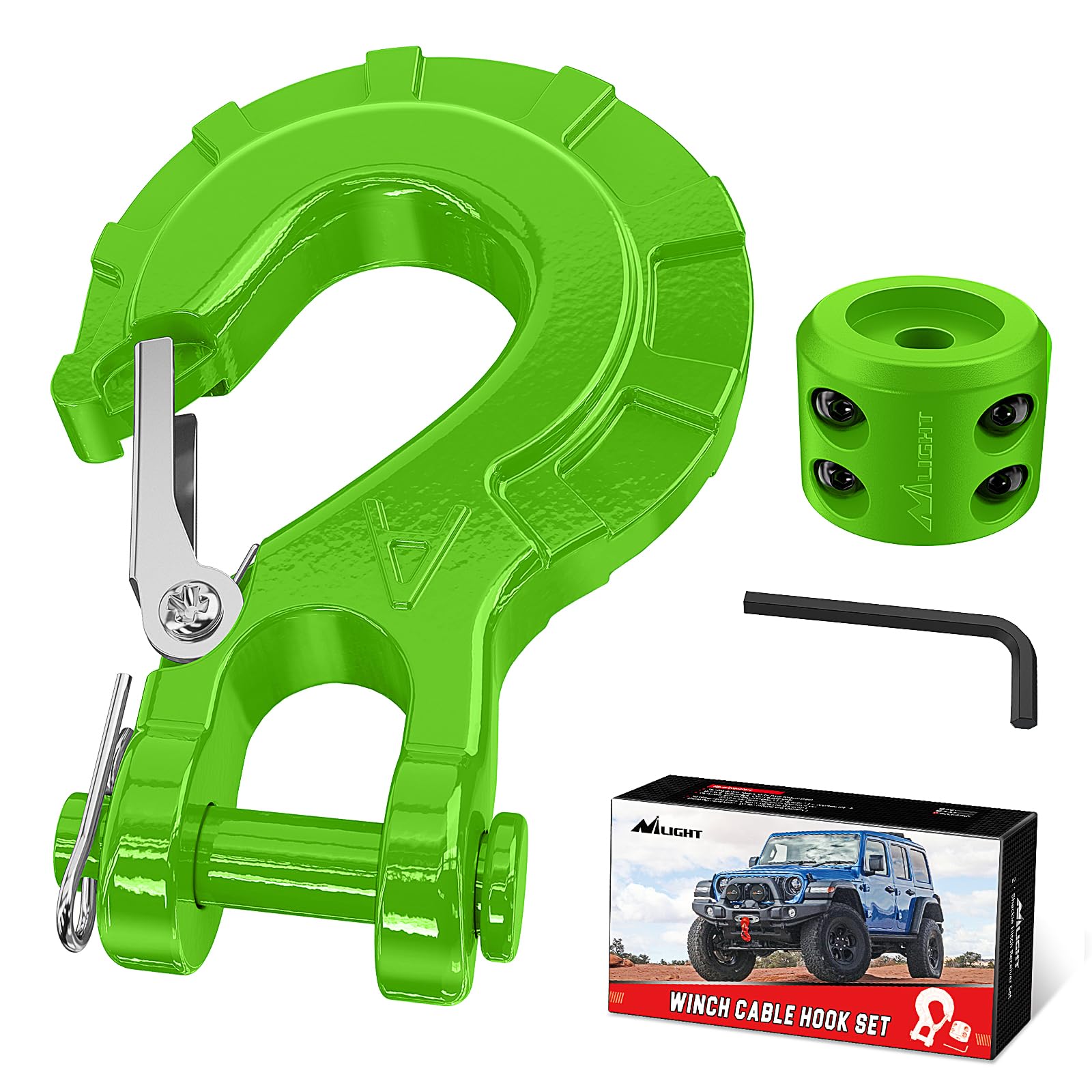 Nilight Forged Steel Winch Hook 3/8'' Grade 70 Safety Latch Winch Cable Hook Stopper & Clevis Slip Hook Sets, Included Allen Wre