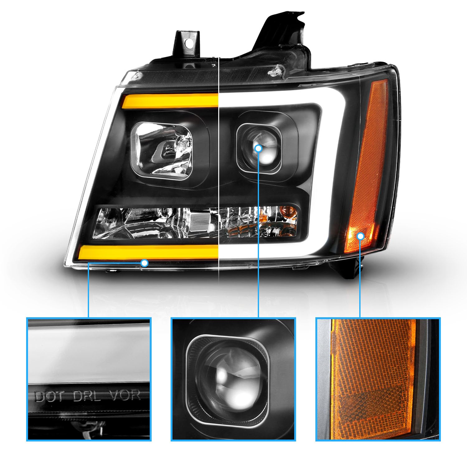 Amerilite For 2007-2013 Chevy Avalanche/Suburban/Tahoe Switchback Led Tube Turn Siganl Projector Black Replacement Headlights Pa