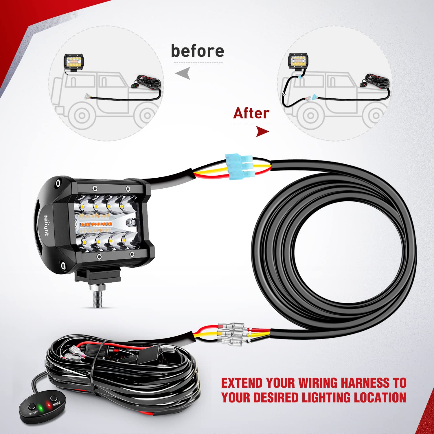 Nilight 2Pcs 16Awg 10Feet Wiring Harness Extension For 6Modes Amber White Light Bar Strobe Play And Plug 3-Wires, 2 Years Warran