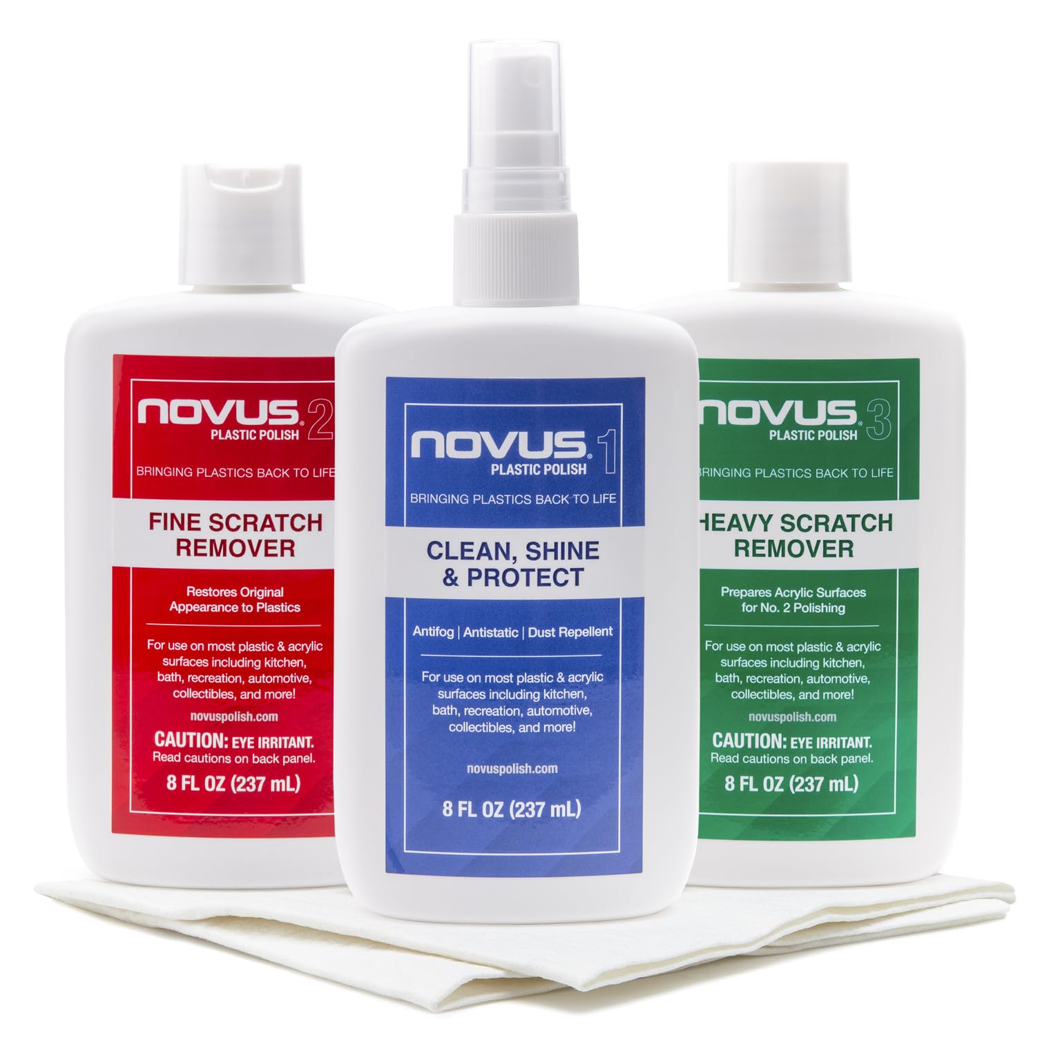 NOVUS-PK1-8 | Plastic Clean & Shine #1, Fine Scratch Remover #2, Heavy Scratch Remover #3 and Polish Mates Pack | 8 Ounce Bottle