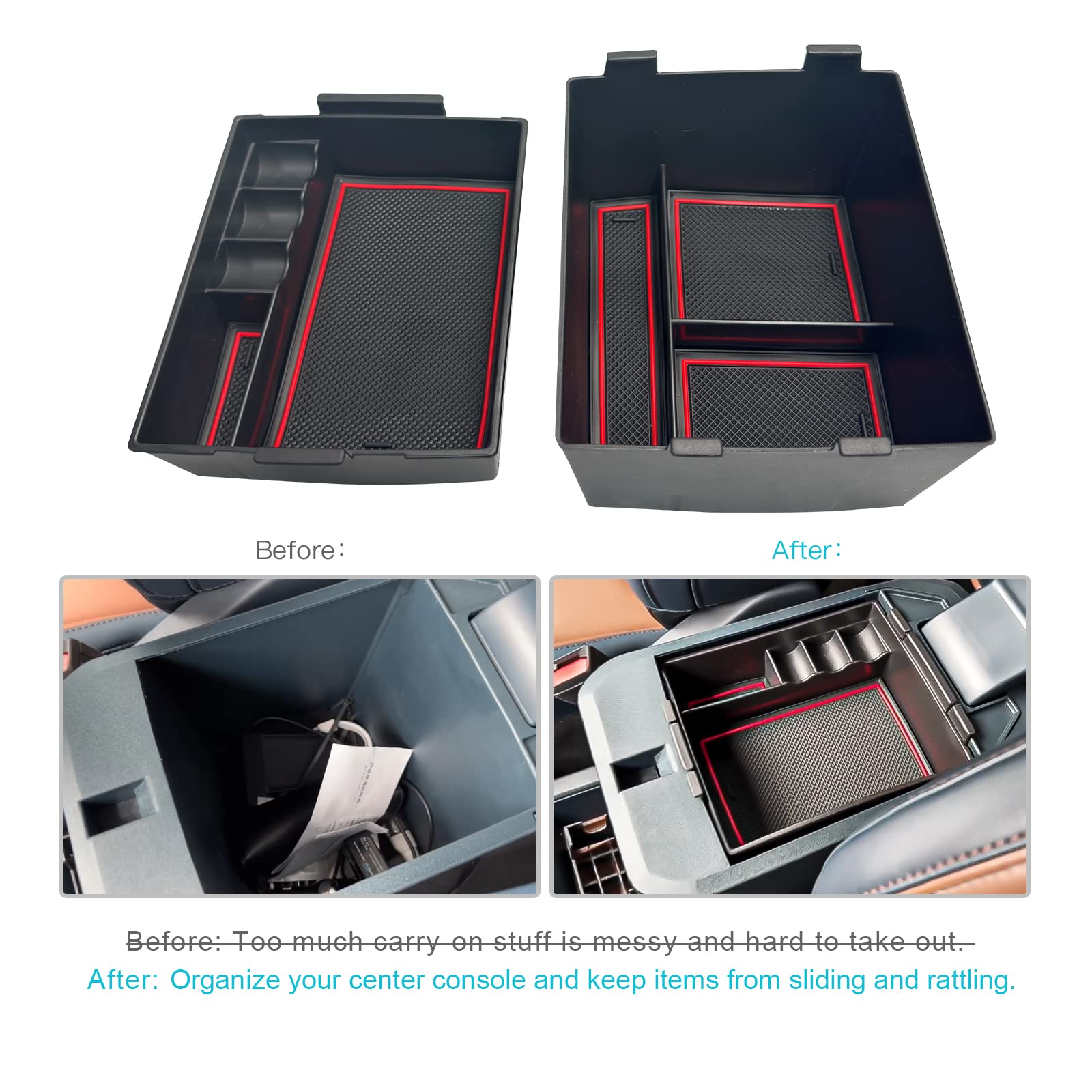 Cdefg For 2022 2023 Maverick Pickup Truck Center Console Organizer Tray 2022 Fo*Rd Maverick Armrest Trays Storage Box Coin Container 2022 2023 Maverick Truck Interior Accessories, 2-Pack (Red Trim)