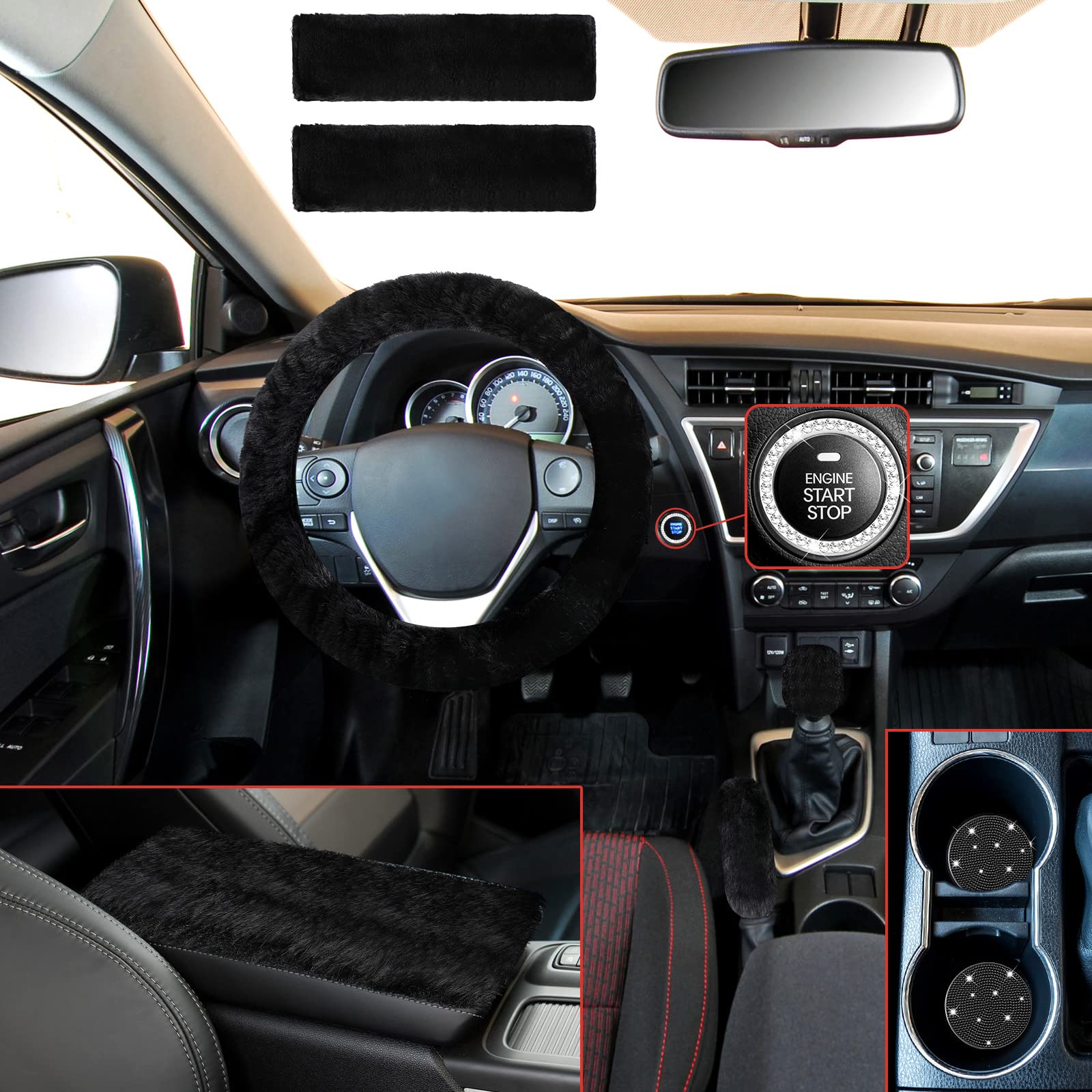 Frienda 10 Pcs Fluffy Car Steering Wheel Covers Handbrake And Gear Shift Cover Seat Belt Shoulder Pads Diamond Mat Ignition Ring