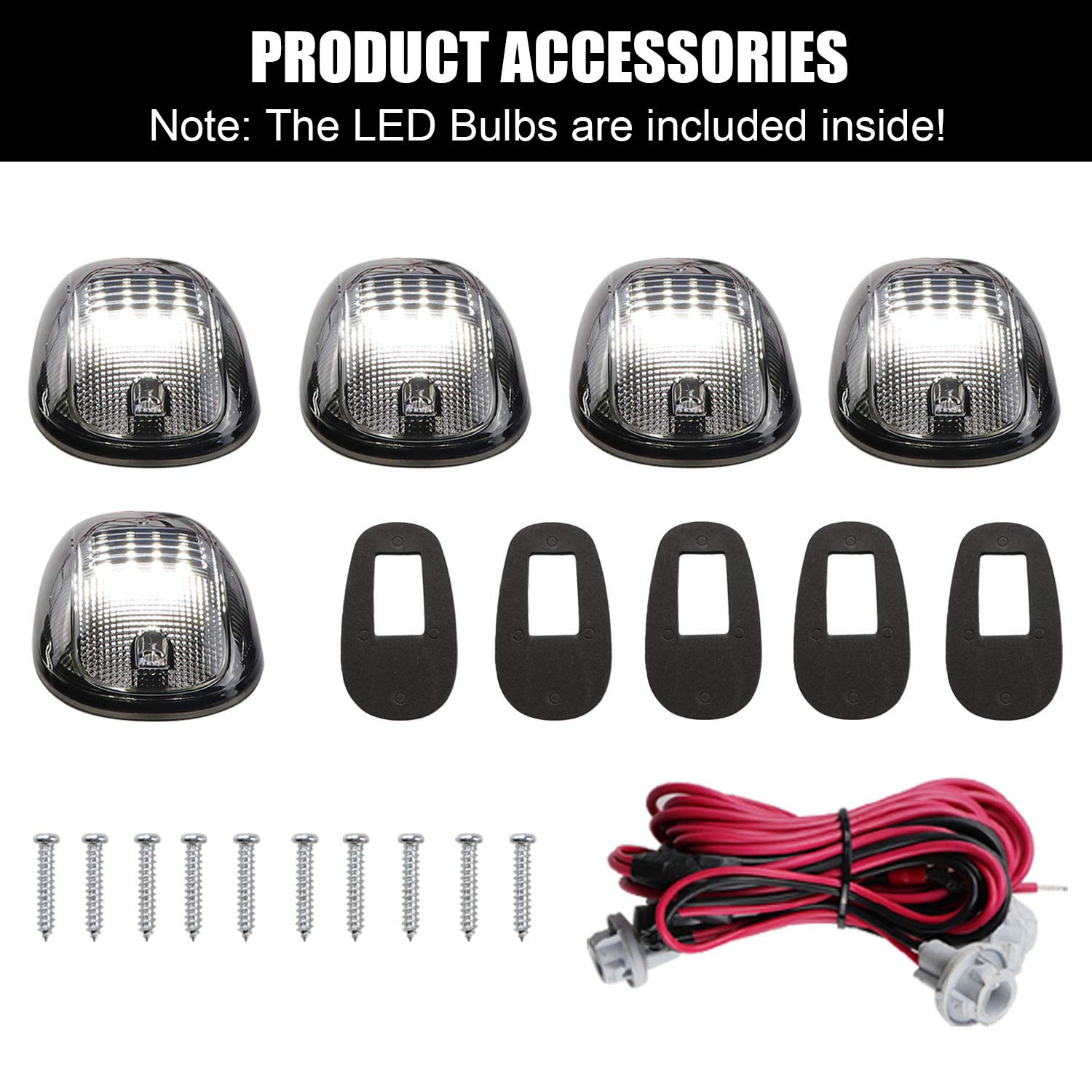 Tresound Led Cab Roof Marker Lights For 03-16 Dodge Ram 1500 2500 3500 With 5 In 1 Wire Harness (Smoked Lens With 16 White Leds)