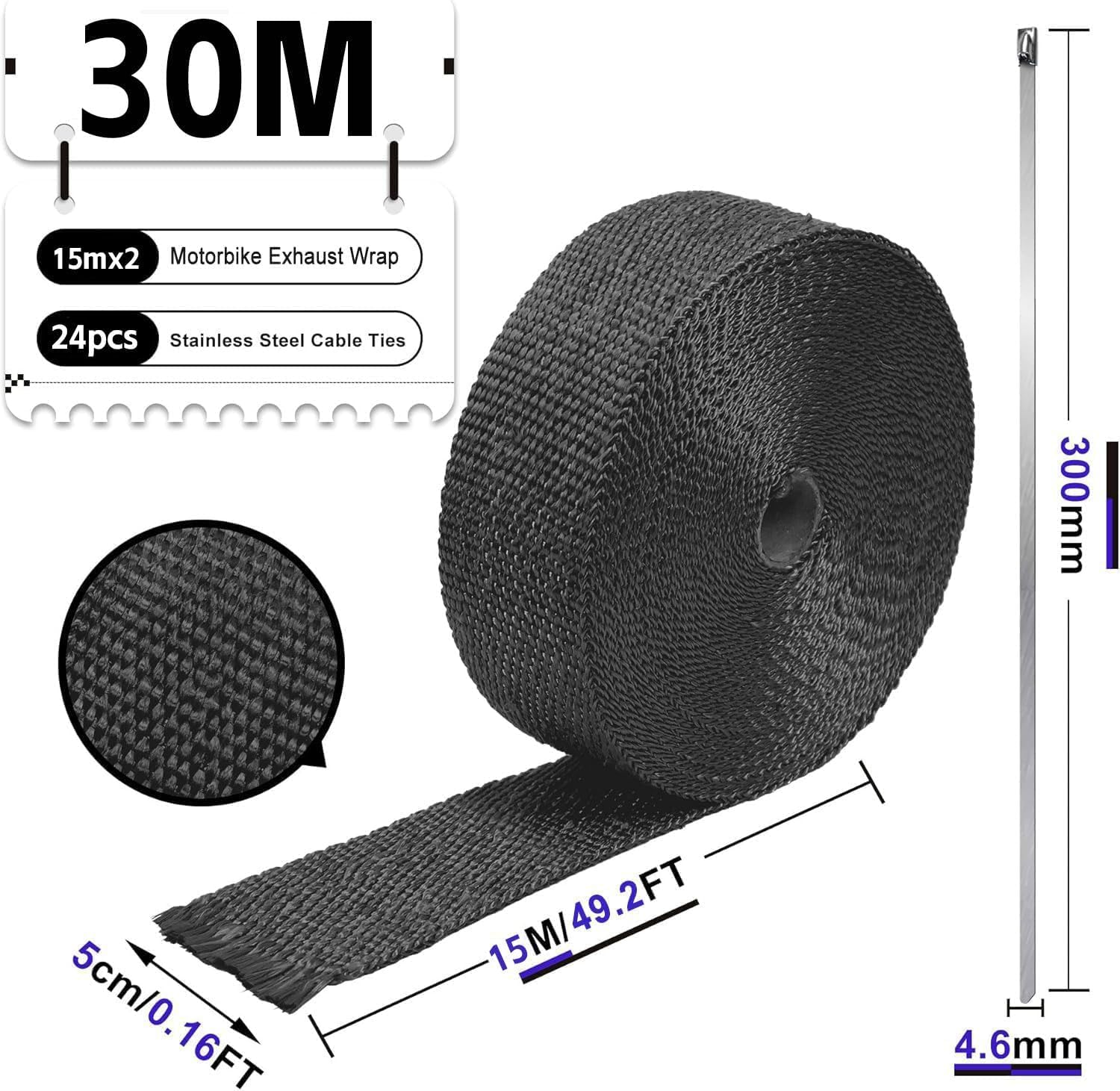 Foneso 2 Rolls 2 '' x 50 ' Black Exhaust Heat Wrap Roll for Motorcycle Fiberglass Heat Shield Tape with Stainless Ties with 24 T
