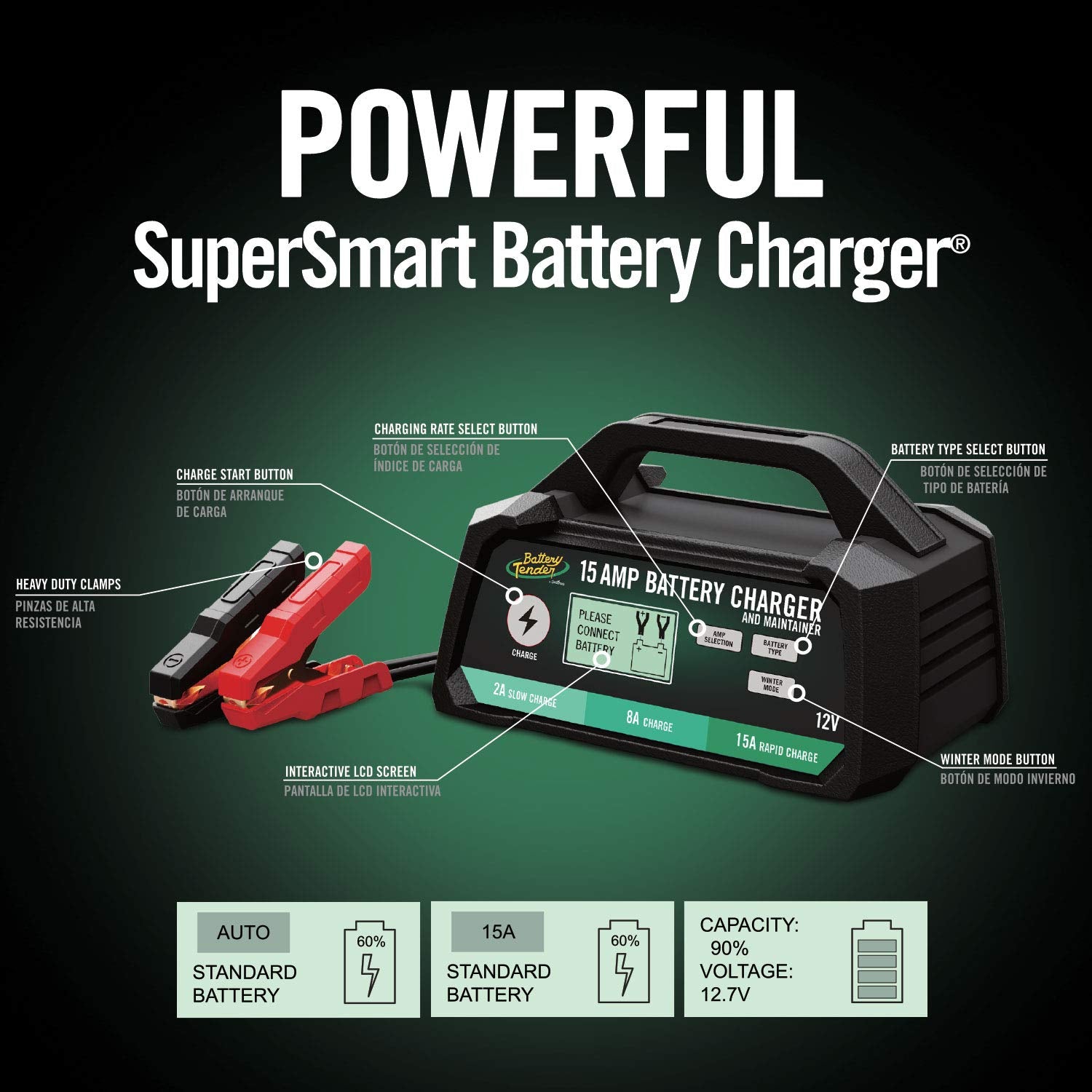 Battery Tender 15 AMP Battery Charger and Maintainer - 12V Switchable 15 AMP / 8 AMP / 2 AMP - Selectable Chemistry Standard AGM