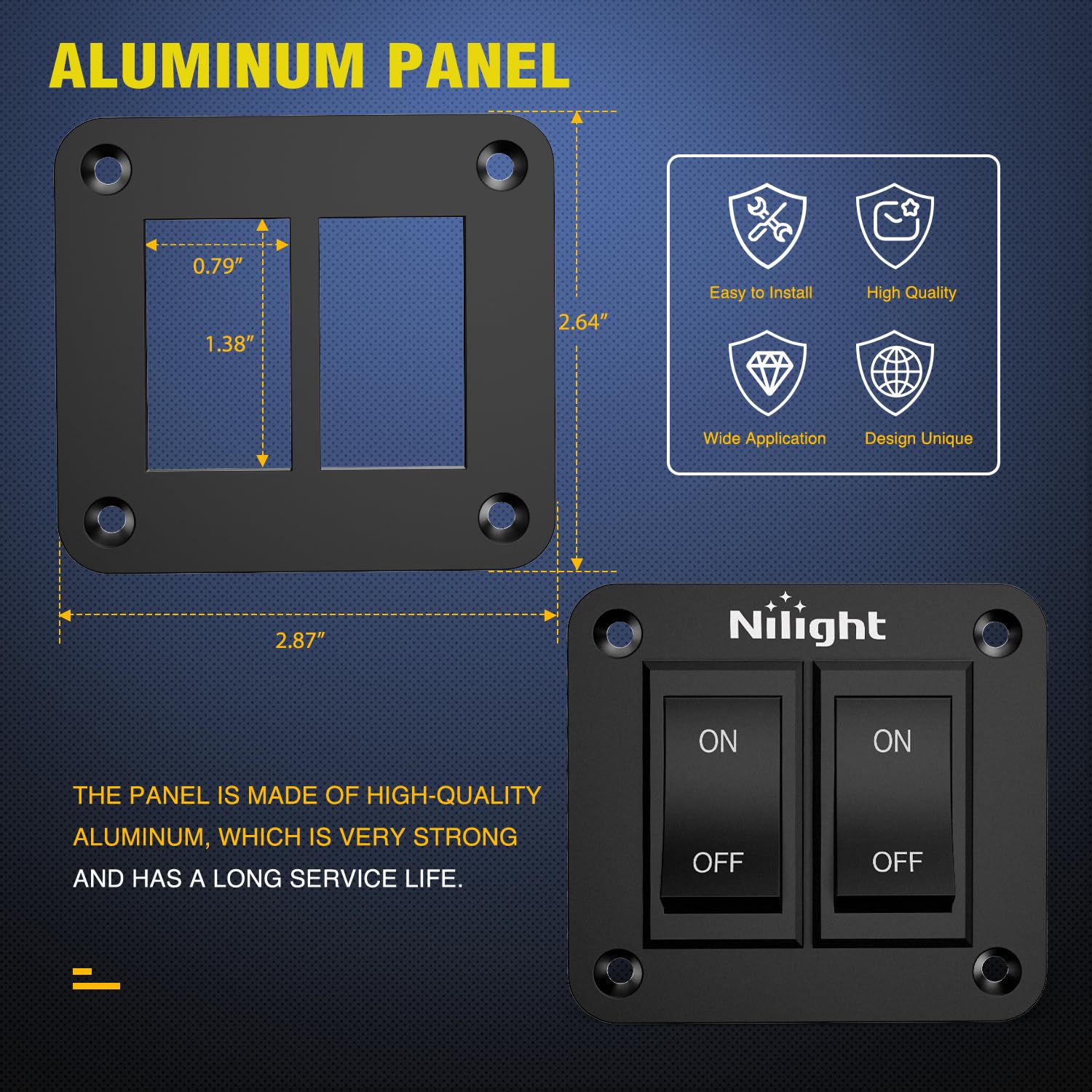 Nilight 2 Gang On-Off Switch Panel 4 Pin Dpst Toggle Switches 12V 20A Black Anodized Aluminium Shell Bracket With Screws Ternima