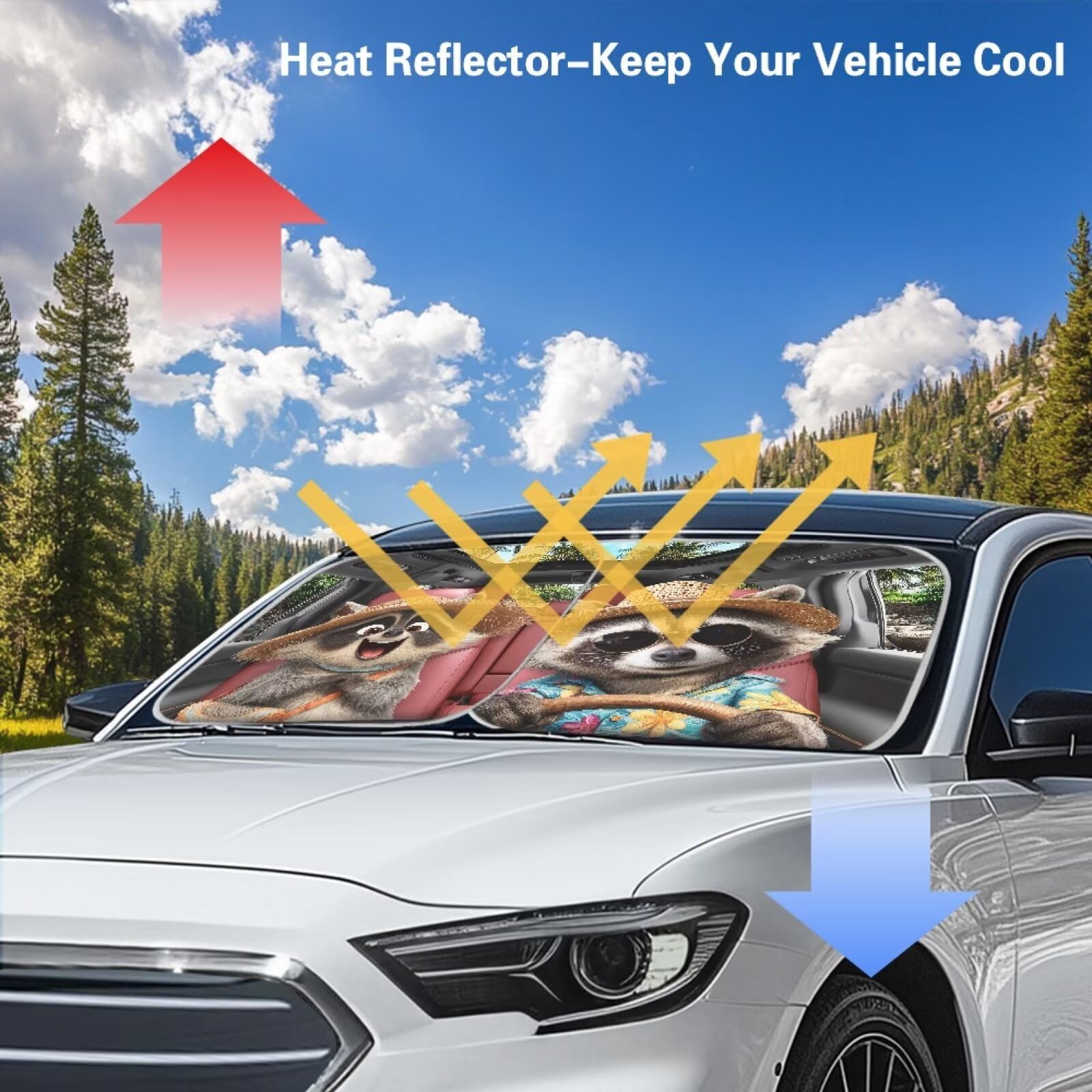 Huisefor Raccoon Car Windshield Sunshade 2 Piece Foldable Windshield Cover For Summer Uv Rays Protective Car Sun Visor Blocker A