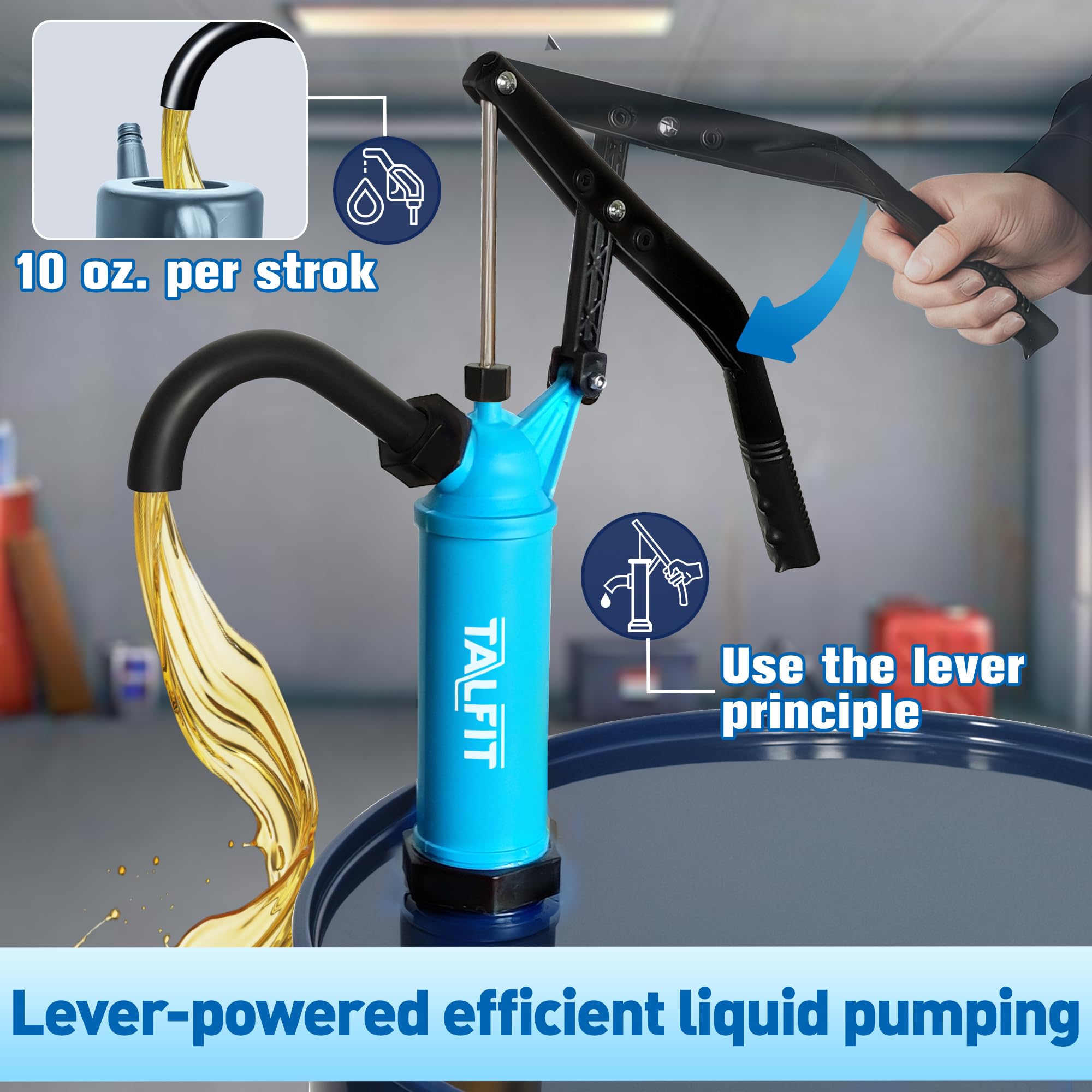 TALFIT Lever Action Barrel Pump,55 Gallon Drum Pump, For Fuels, Chemicals, Corrosive Liquids, Water Based Fluids, Fits 5 to 55 G