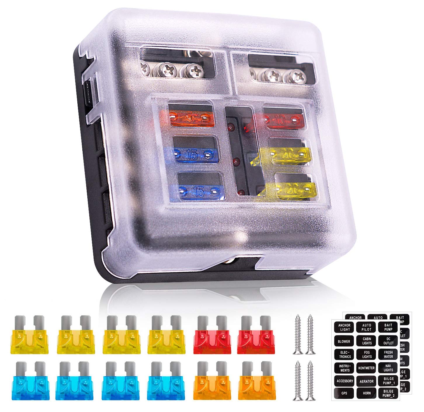 6 Way 12V Fuse Box 12Volt Blade Fuse Block, 6 Circuit W/Negative Bus Waterproof Fuse Box With Led Indicator For 12V/24V Automoti