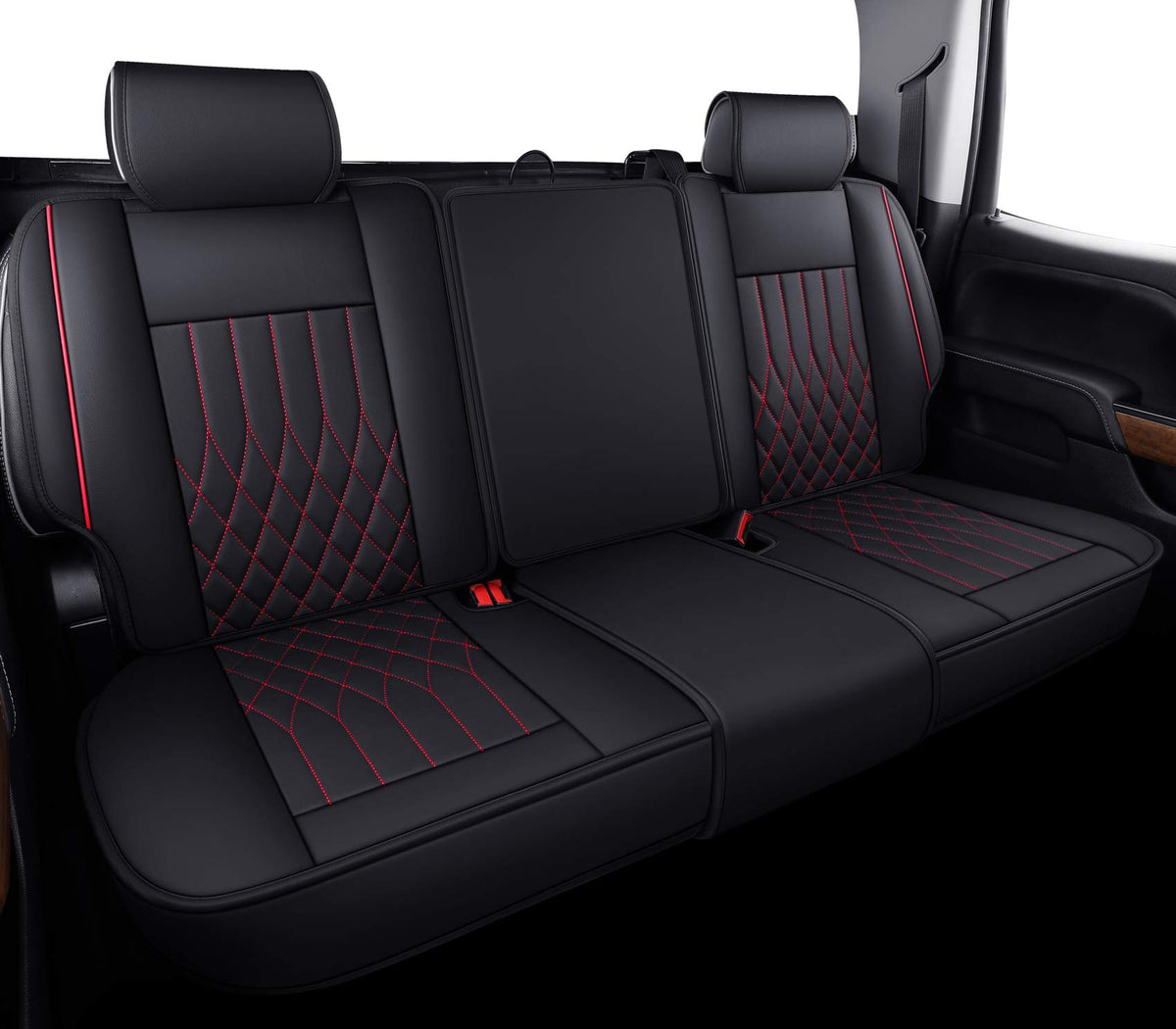 Aierxuan Silverado Sierra Car Rear Seat Covers With Waterproof Leather, Fit For 2007-2023 1500/2500 Hd / 3500 Hd Crew,Double,Extended Cab Or Pickup Truck Black And Red