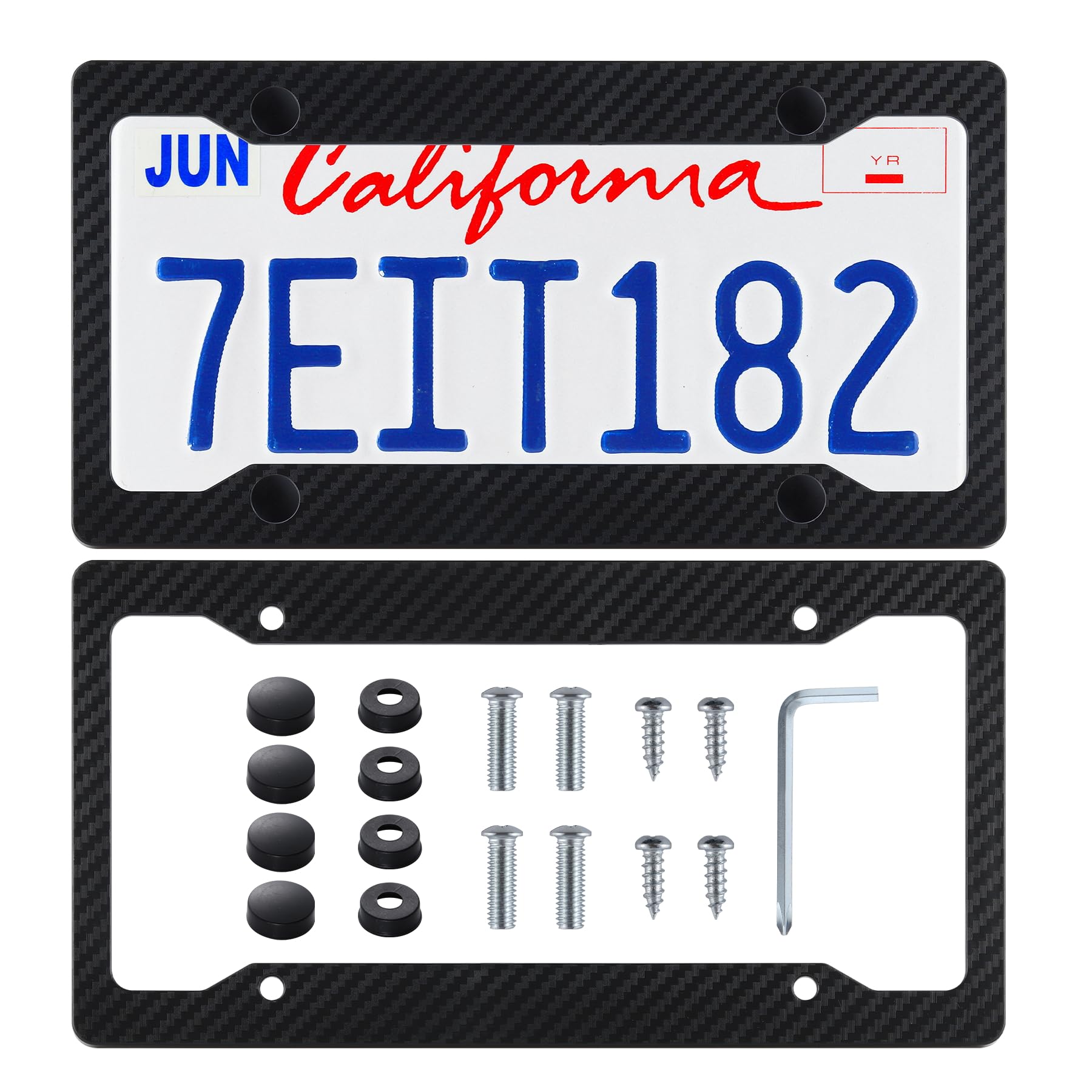 Alpmosn 2Pcs Black Carbon Fiber License Plate Frames, Car Tag Cover With Fasteners And Screws, Car Exterior Accessories, 4 Hole
