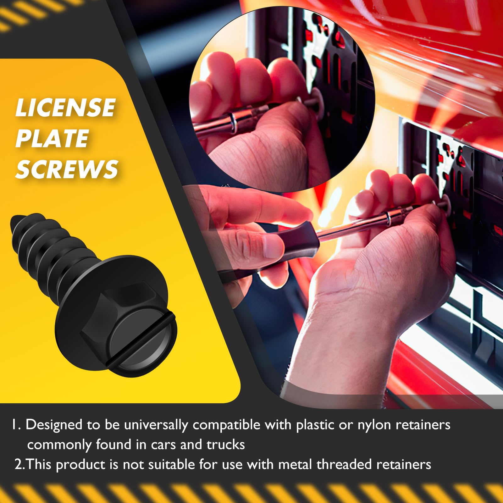 Upgraded License Plate Screws with Nylon Retainers, License Plate Screw Kit for Front & Rear Plates, #14 x 3/4'' Slotted Hex Hea