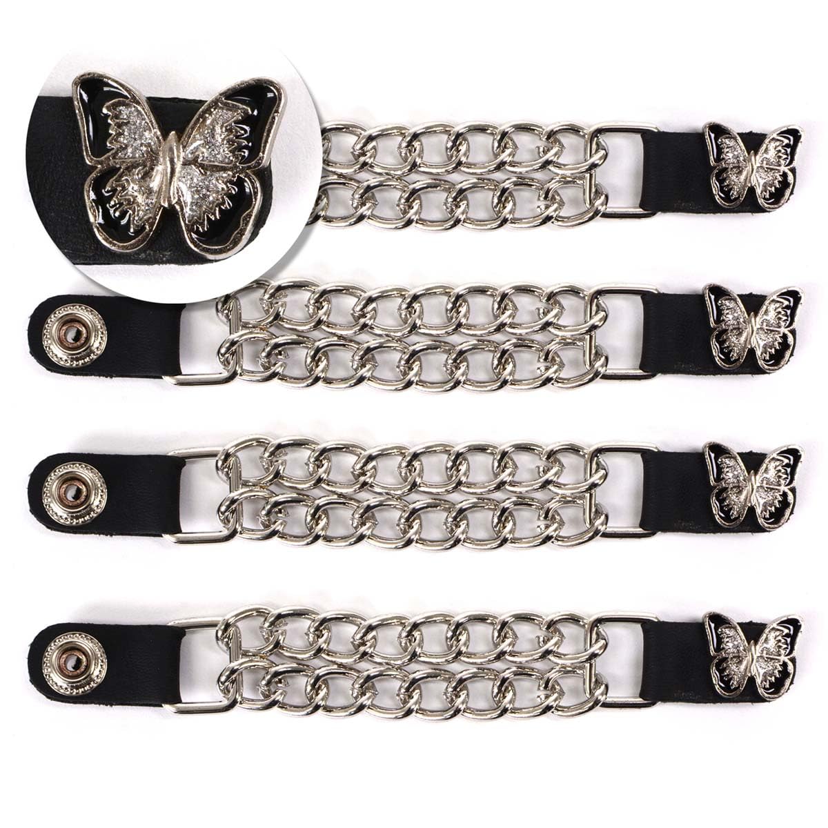 Milwaukee Leather MLA6022SET Sparkle Butterfly Ribbon 4-PCS Vest Extender Double Chrome Chains w/Genuine Leather 4'' Extension -