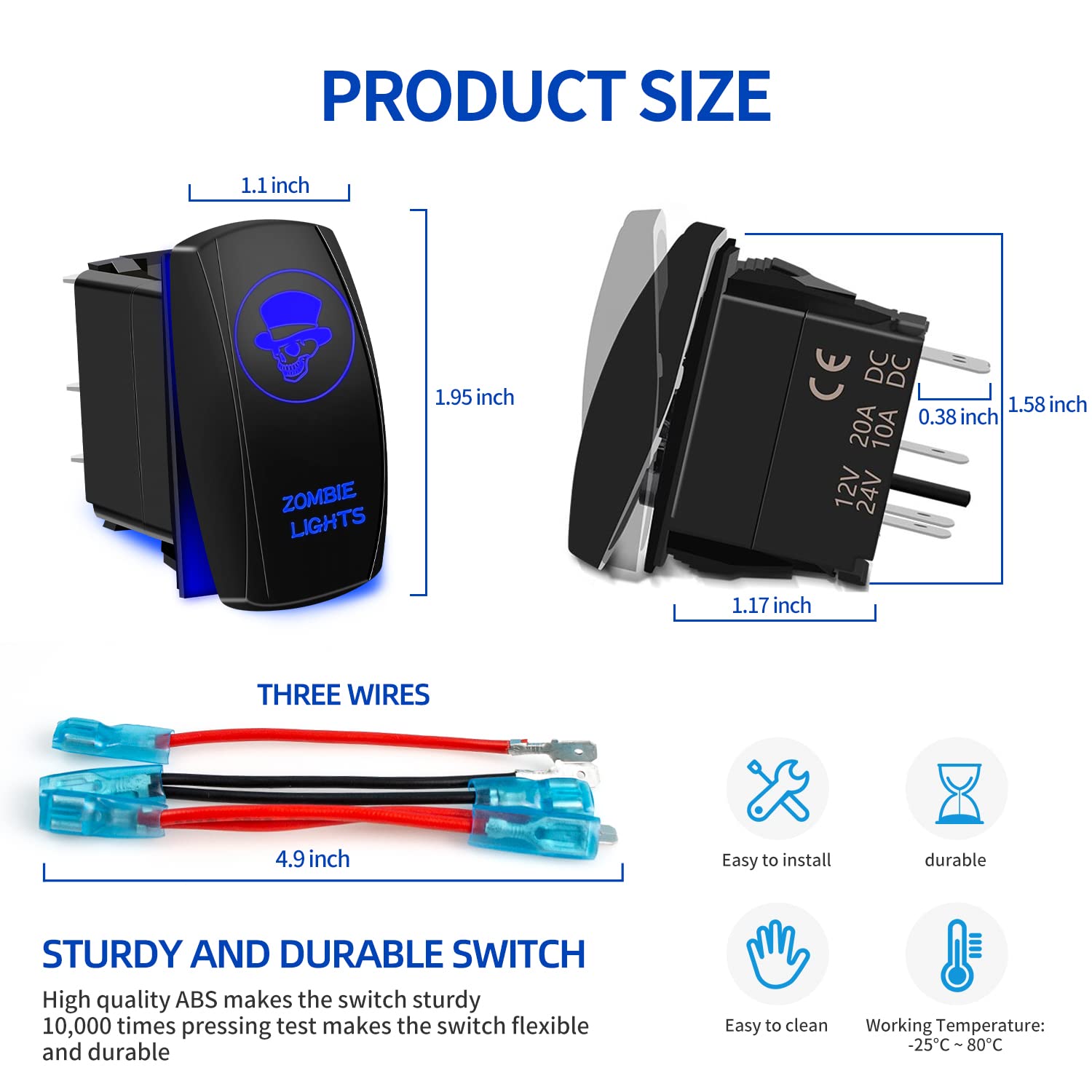 Fabood F Waterproof 5 Pin Zombie Lights Rocker Switch Laser Spst On/Off Two Led Backlit Blue Light 20A 12V For Auto Automotive M