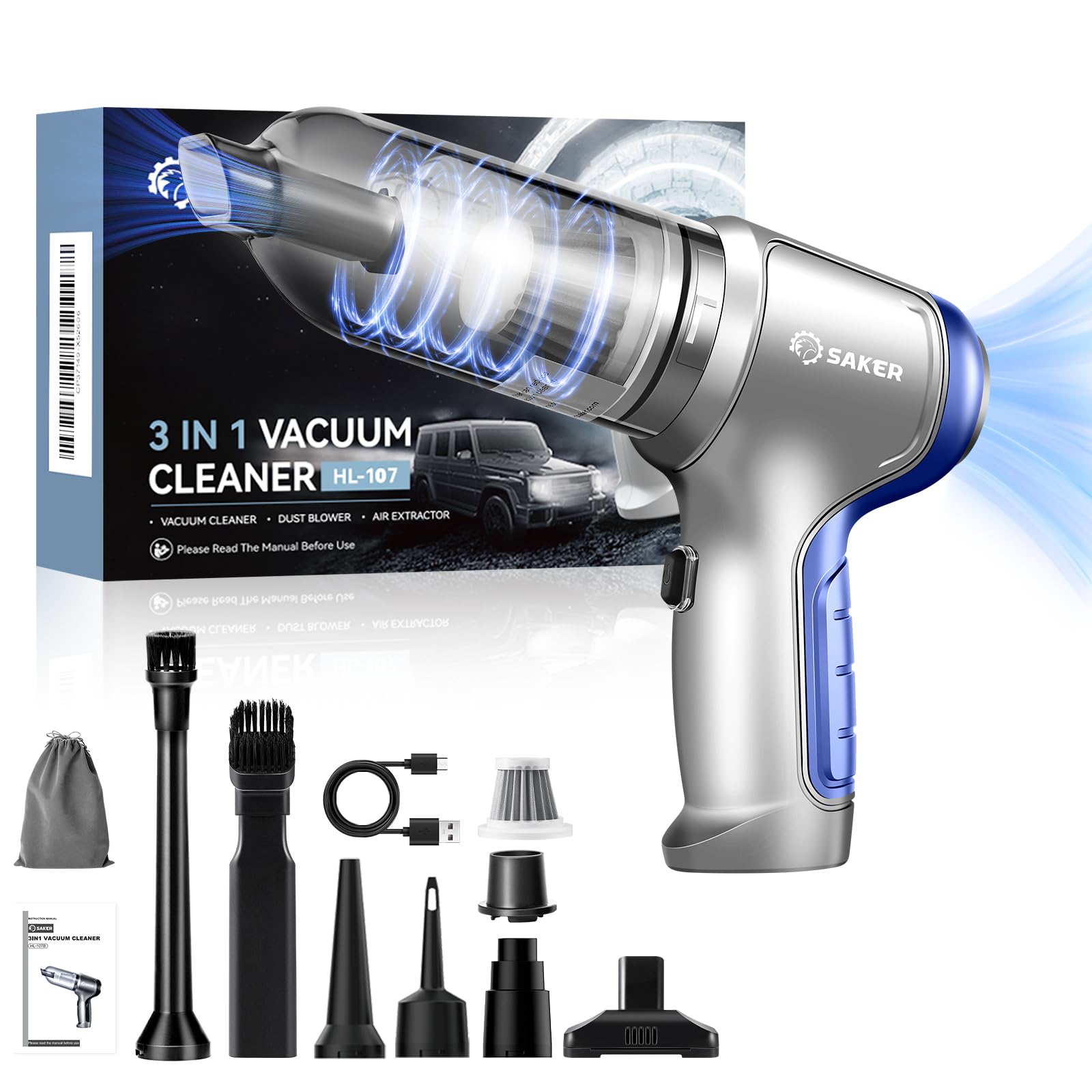 Saker Car Vacuum Portable Cordless For Car 12000Pa,3 In 1 Handheld Car Vacuum With Brushless Motor For Car, Office And Home Clea