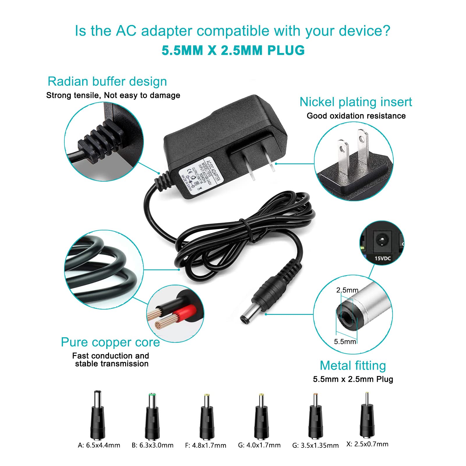 DC 15V 1A Adapter Charger Charging Cable Cord for Peak 450A 500A 600A 800A 1000A Auto Battery Booster Jump Starter, Compatible B
