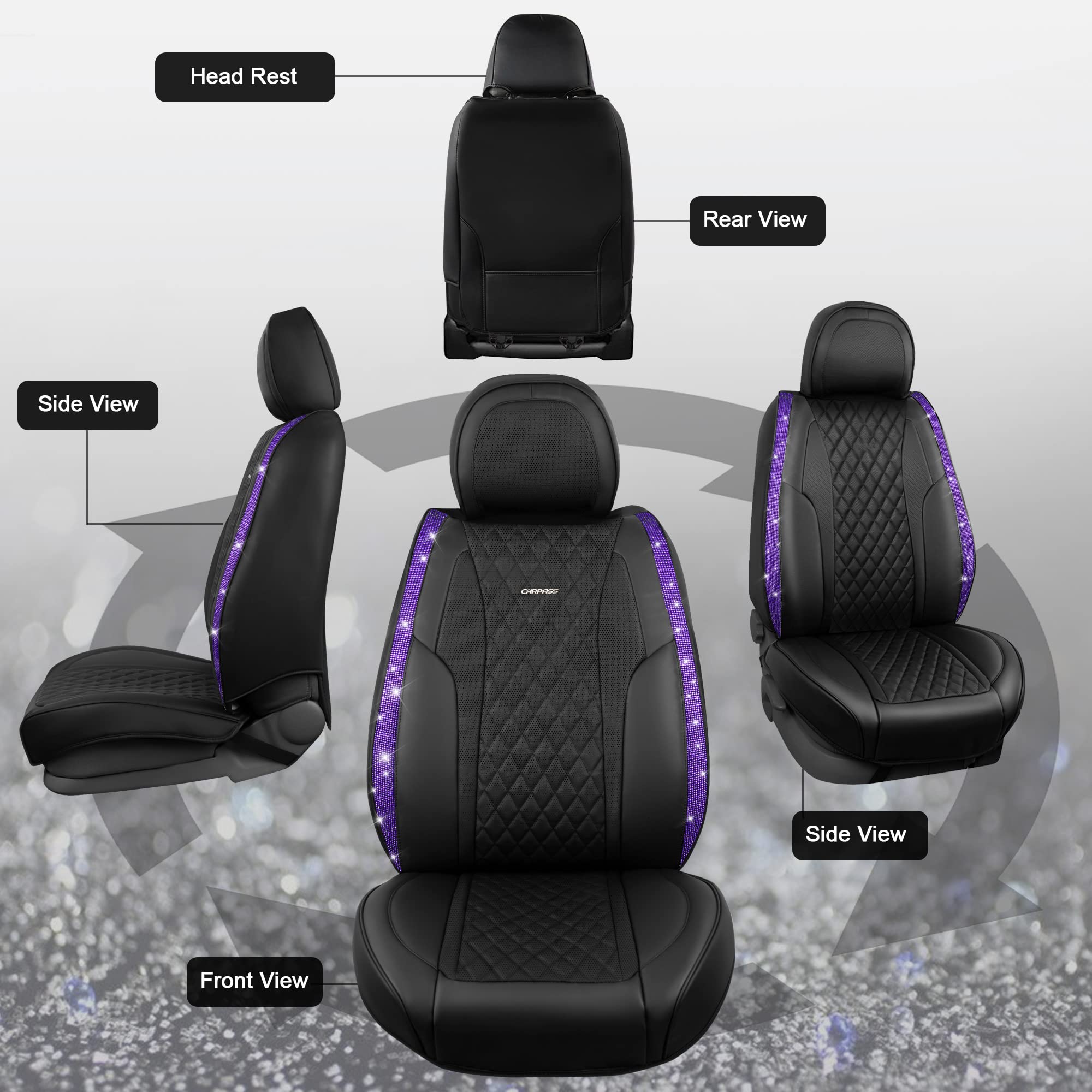 Car Pass Bling Nappa Leather Car Seat Cover For Full Set Universal Luxury Waterproof Heavy-Duty Anti-Slip Cushioned Fit For Suv
