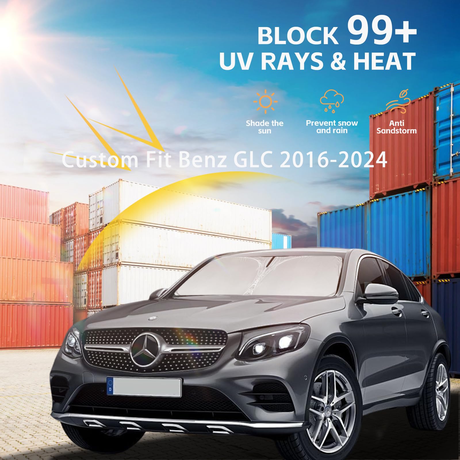 Windshield Sun Shade For Benz Glc 2016-2024 Double Layer 240T Front Window Shade Custom Fit Sun Visor Foldable Shade Blocks Uv R