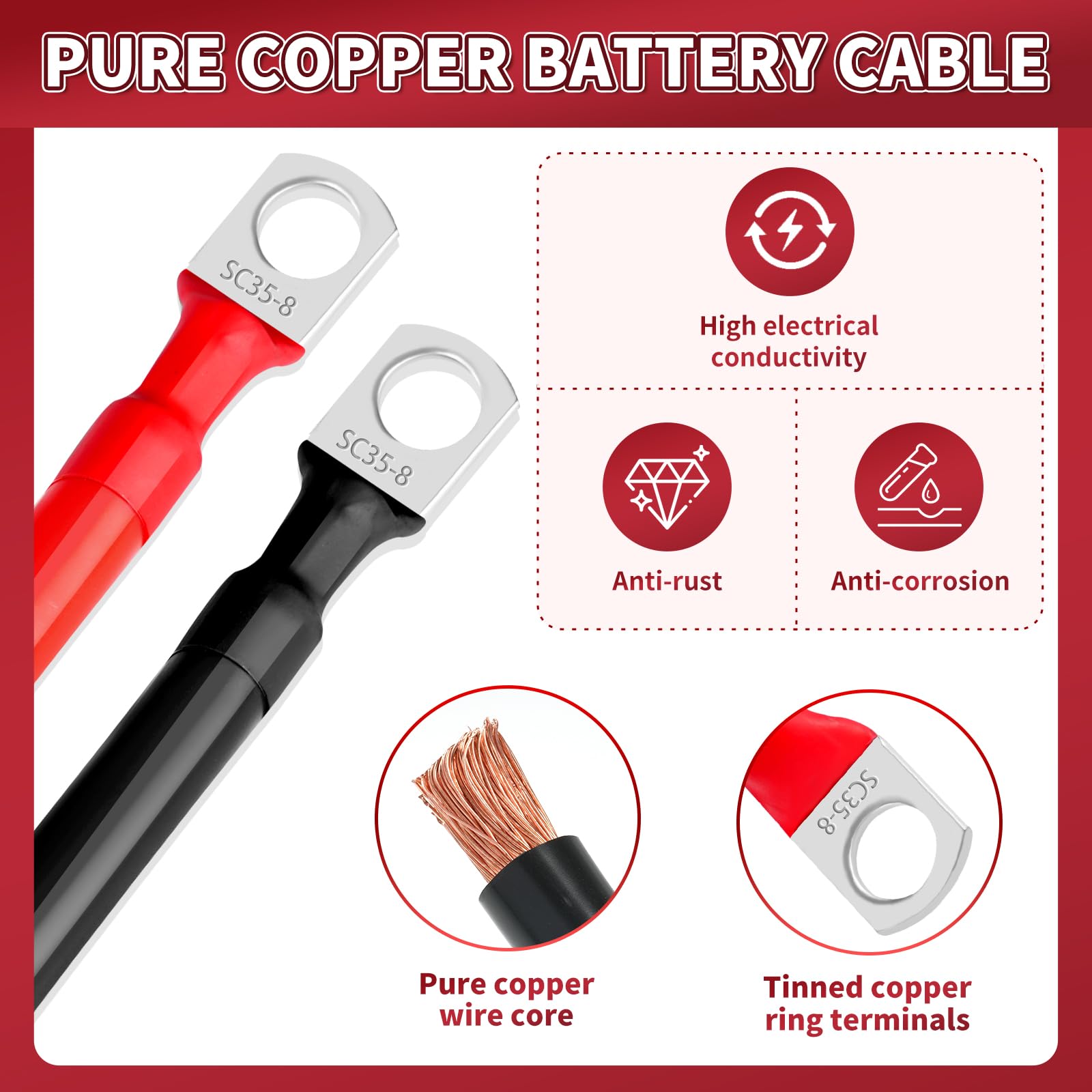 2 Awg Battery Cables, 5.9 Inch Battery Cables With M8 Ring Terminals, Marine Battery Cables Pure Copper, Battery Ground Cable Fo
