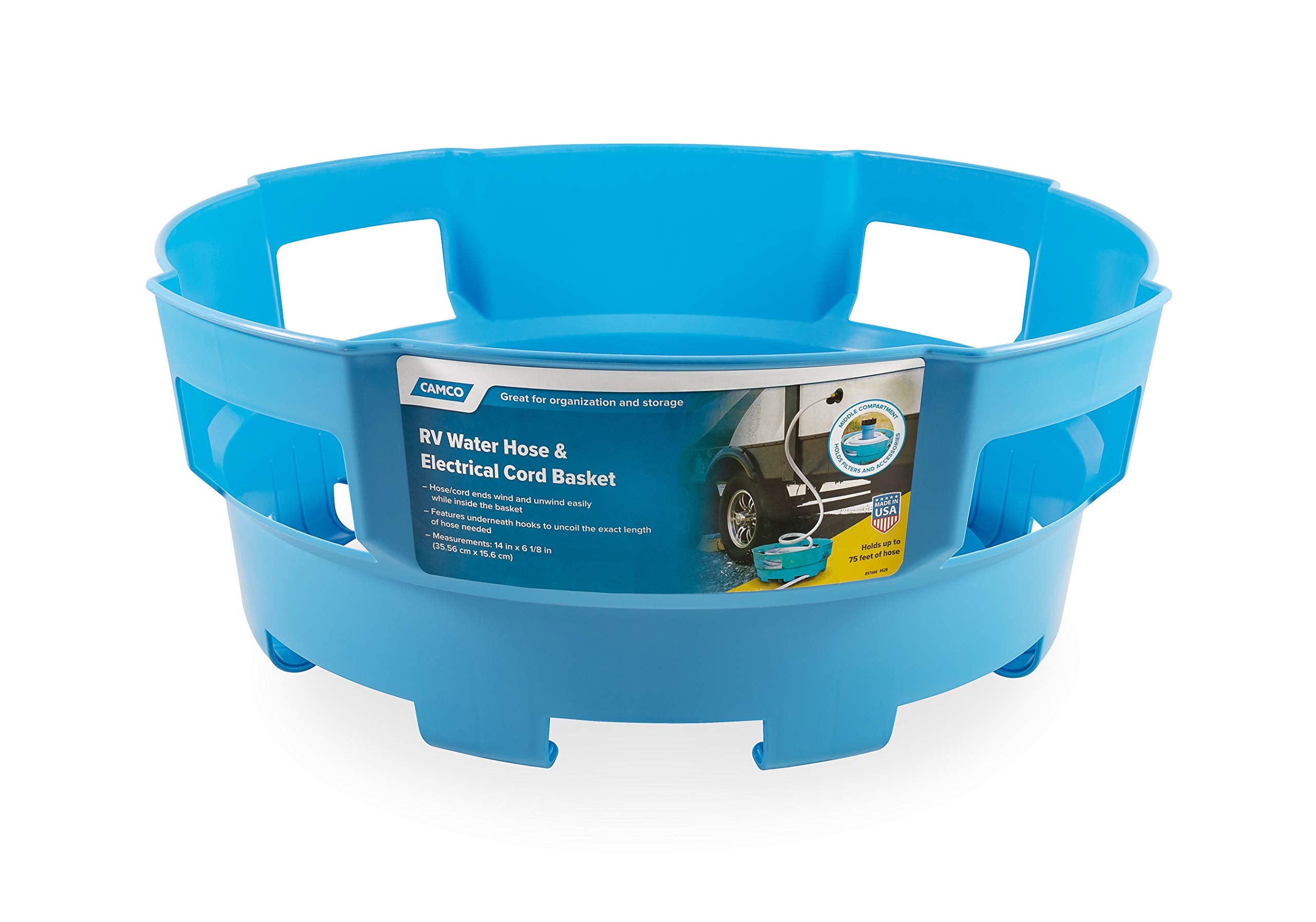 Camco 20167 Rv Water Hose And Electrical Cord Basket, Blue - Provides Organization And Storage For Your Rv Water Hoses And Elect