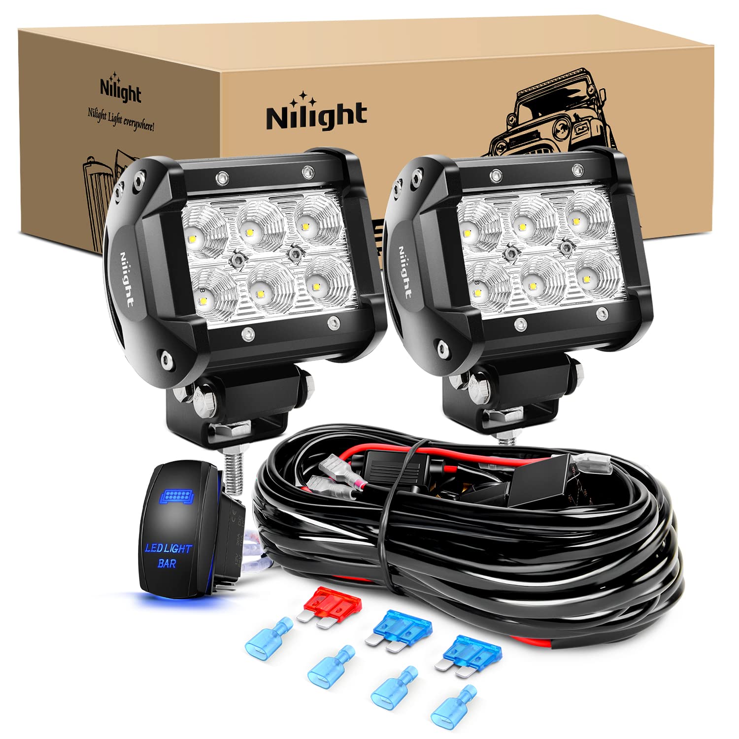 Nilight Led Light Bar 2Pcs 18W Flood Off Road Lights 12V 5Pin Rocker Switch Wiring Harness Kit, 2 Years Warranty, Clear,White