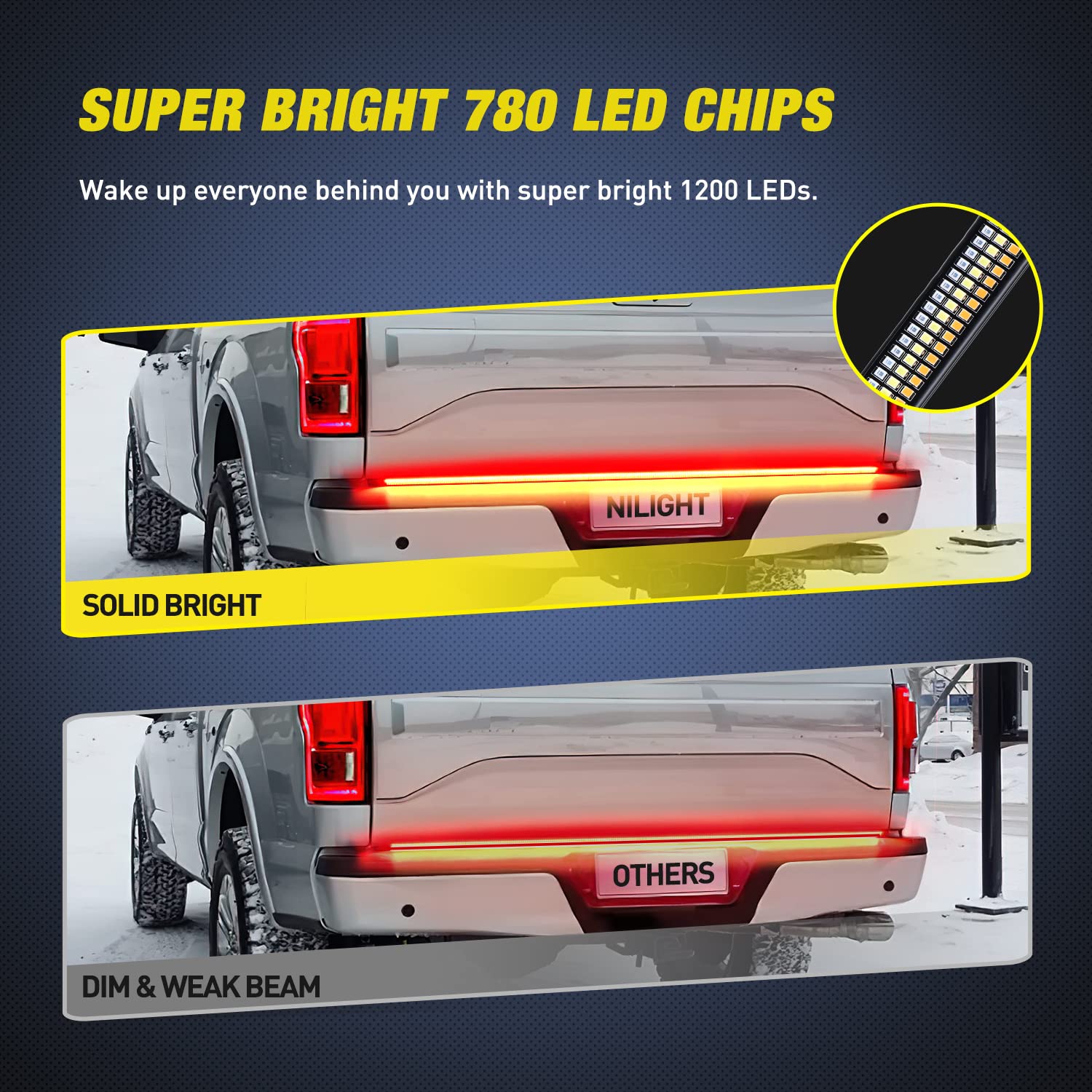 Nilight Truck Tailgate Light Strip 48'' Aluminum Frame Triple Row 780 Led Strip With Red Running Brake Lights White Reverse Ambe