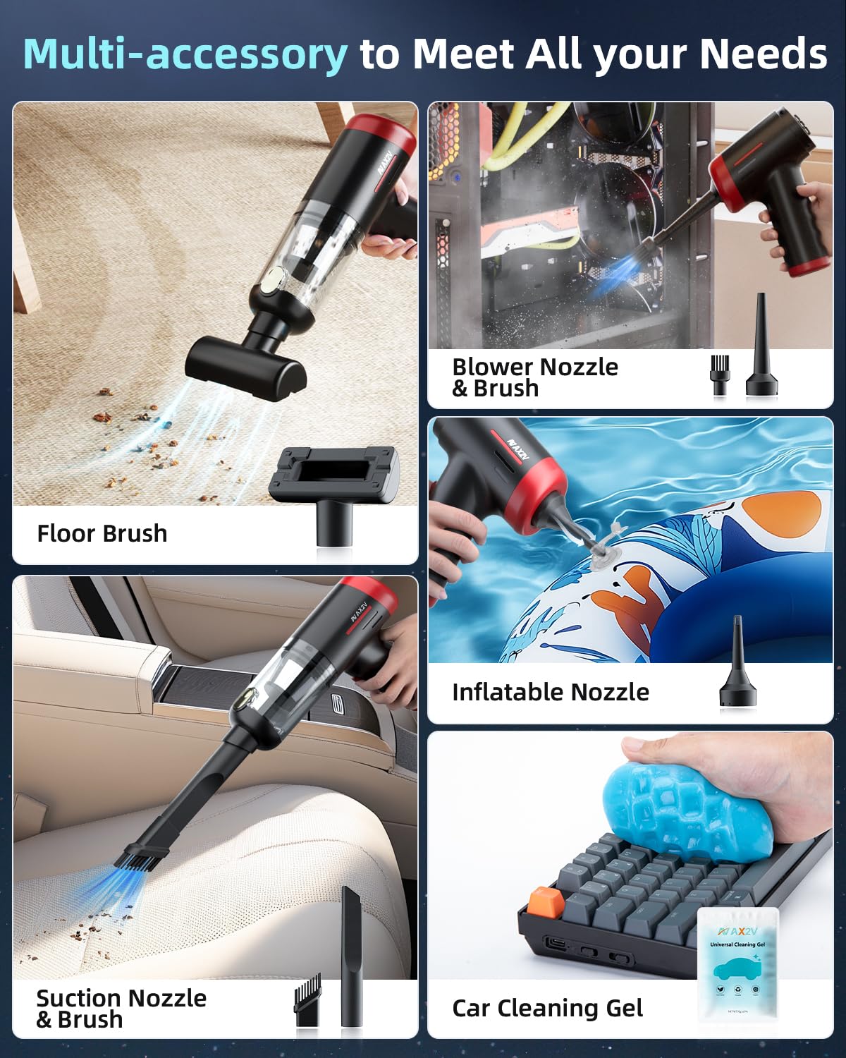 AX2V Car Vacuum Portable Cordless - 16000Pa Powerful Suction, 2 in 1 Handheld Vacuum and Air Duster with Cleaning Gel, Ideal for