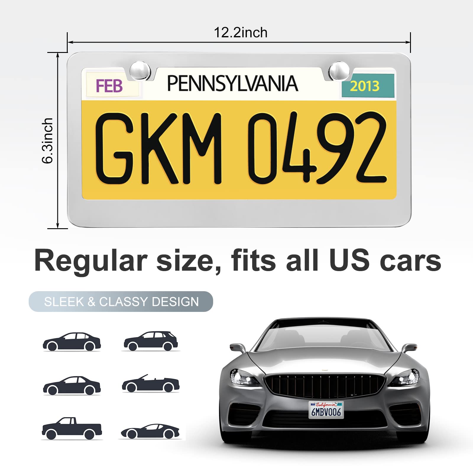 Quanqiufei 2 Pack License Plate Frames, Stainless Steel Car License Plate Cover Car Accessories With Screw Caps (Silver)