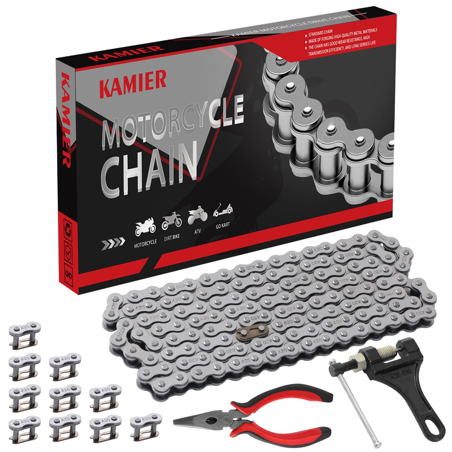 KAMIER 420 Drive Chain 132 Links with Chain Breaker Tool for 70cc 90cc 110cc 125cc TaoTao Coolster Apollo Kazuma SSR Baja Chines