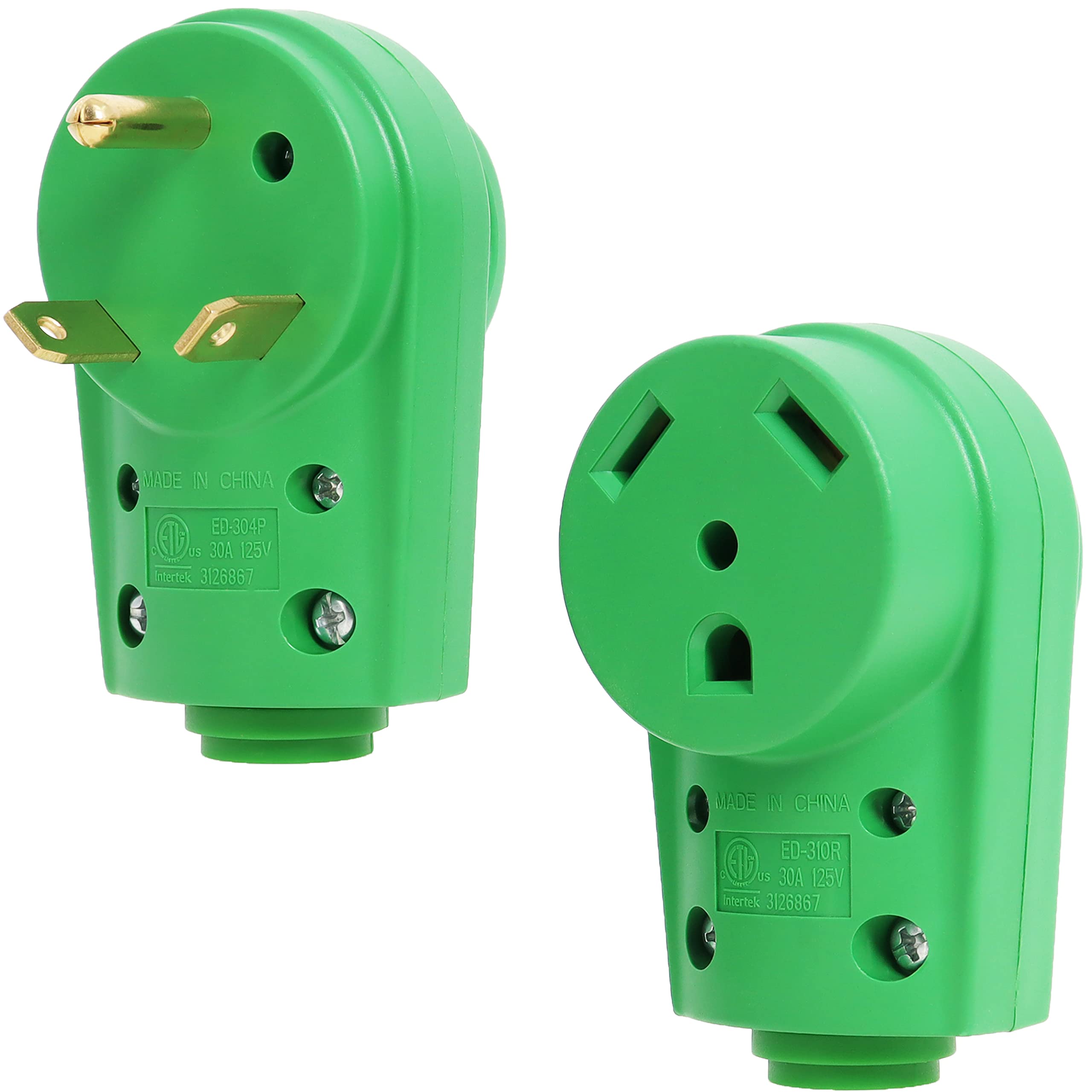 30 Amp Rv Male And Female Plug Set - Green Camper With Handle, Electrical Adapter Receptacle 55245