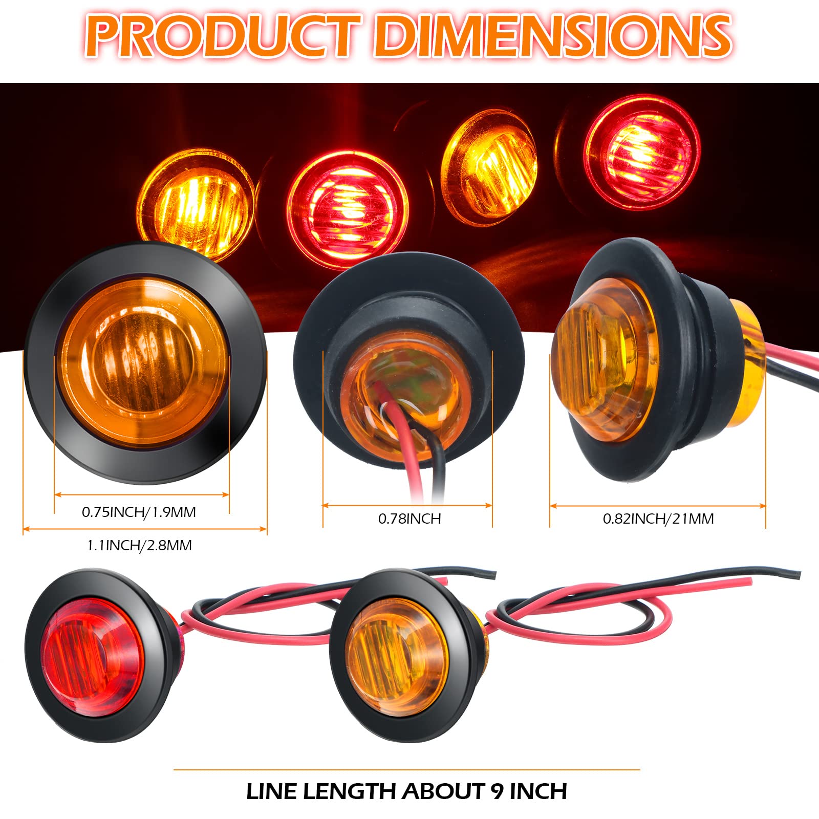 100 Pieces 3/4 Inch Round Led Side Marker Lights, 3 Leds Front Rear Side Indicator Lights Yellow And Red Turn Signal Lights Ip68
