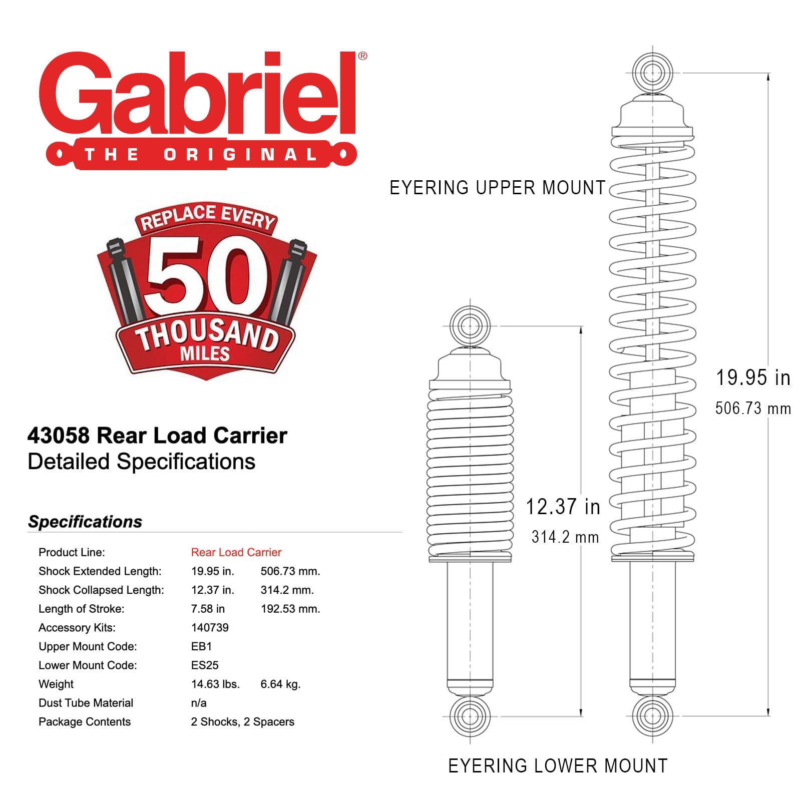 Gabriel 43058 Load Carrier Rear Towing Shock Absorbers For Ford Bronco, E-200, F-250; Jeep Wrangler, Cj5, Cj7, Cherokee, Gladiat