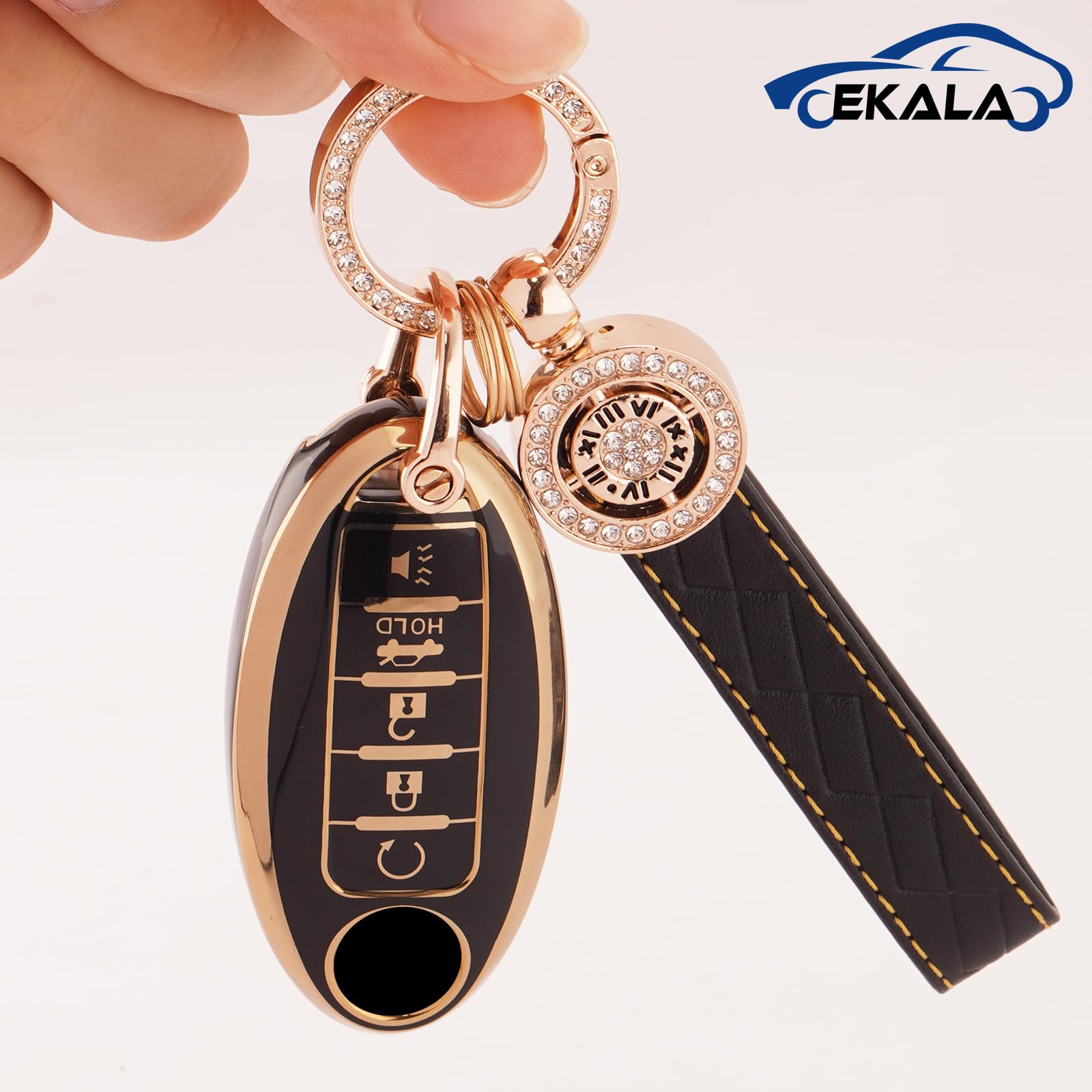 EKALA for Nissan Key Fob Cover 5 Buttons Soft TPU Full Covers Protection Key Case Shell with Leather Keychains Black Gold Fit fo