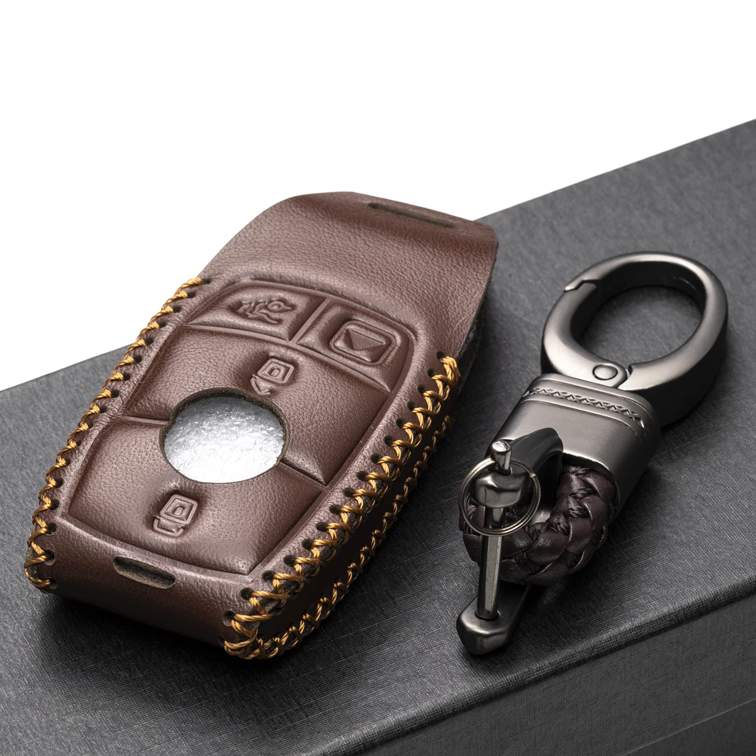 Vitodeco Genuine Leather Smart Key Fob Case With Leather Key Strap Compatible For Mercedes-Benz A, C, E, S, Cla, Cls, Gla, Glb,