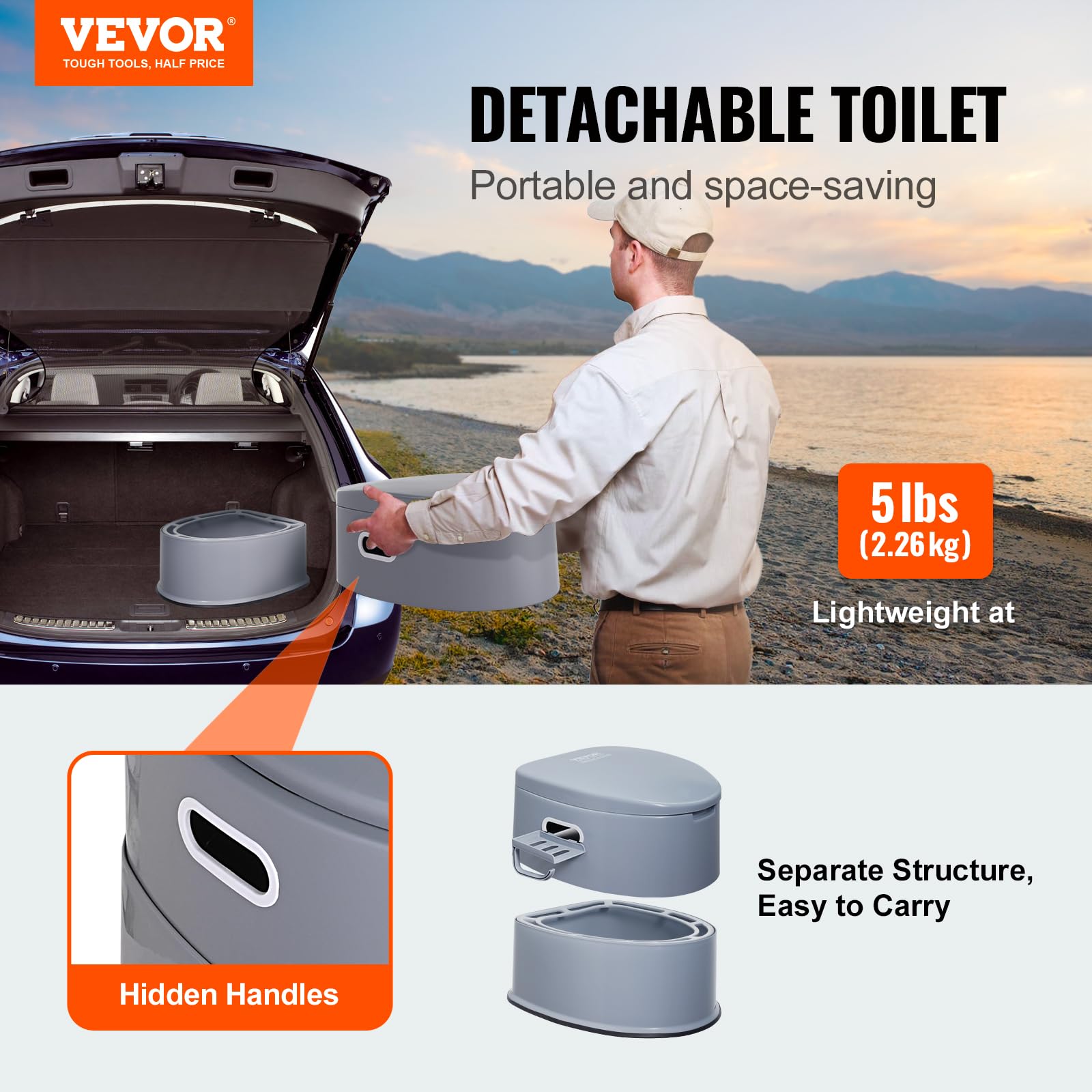 Vevor Rv Toilet For Camping, Portable Toilet With 1.3 Gal Detachable Inner Bucket & Removable Paper Holder, Commode With Dual Lids, Travel Toilet For Outdoor Camping Car Long Road Trips