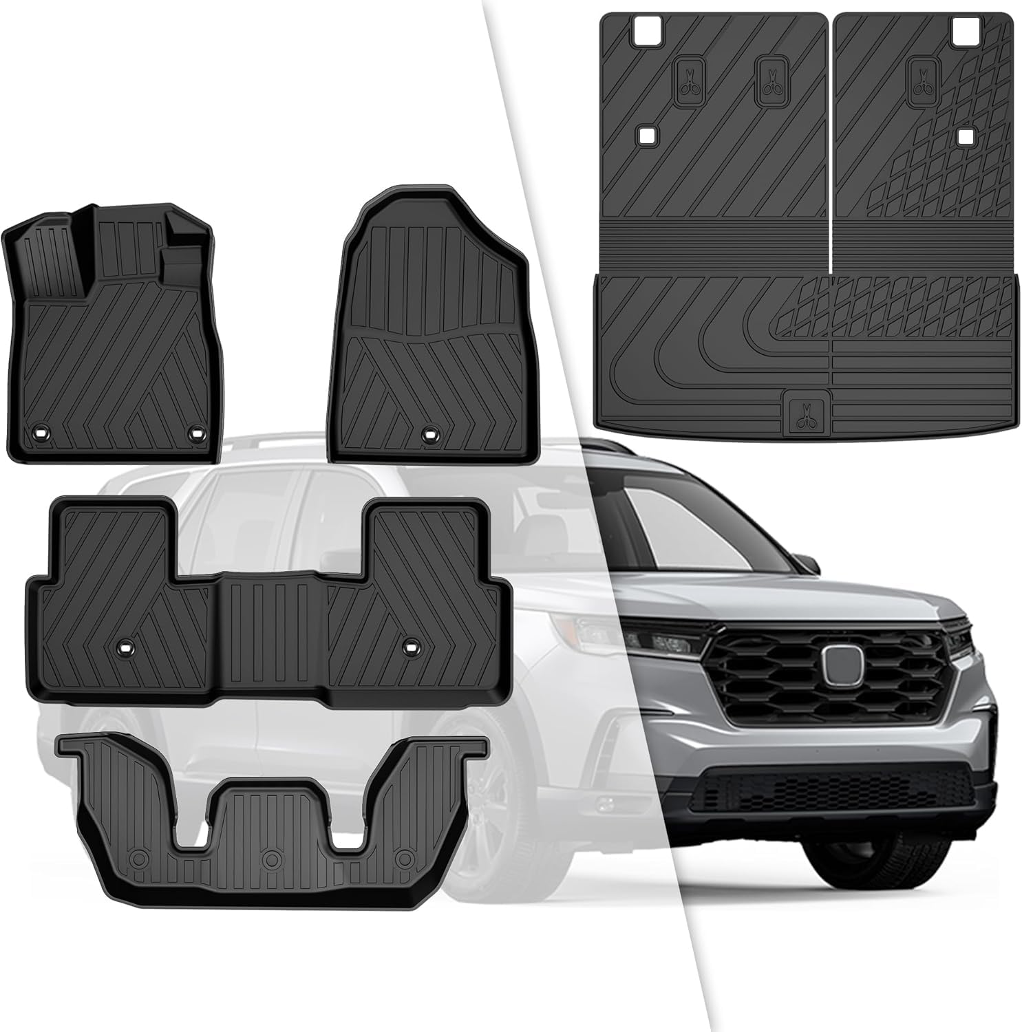 2025 Pilot Floor Mats & Cargo Liner & Backrest Mat Fit for Honda Pilot 2023 2024 2025: All Weather Protection Floor Liner with B