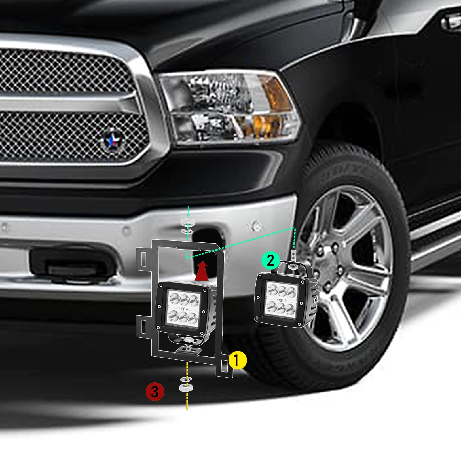 4X 3 inch 24W LED Fog Light Pods with Plug Wiring Kit & Front Lower Hidden Bumper Mounting Bracket Compatible with 2013-2018 Dodge Ram 1500