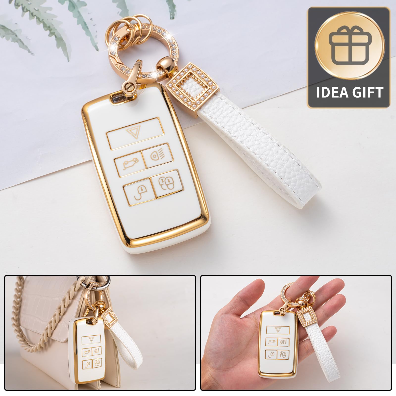 Cacarlike For Land Rover Key Fob Cover With Leather Lanyard, Car Key Fob Case Compatible With 2018-2023 Land Rover Range Rover E