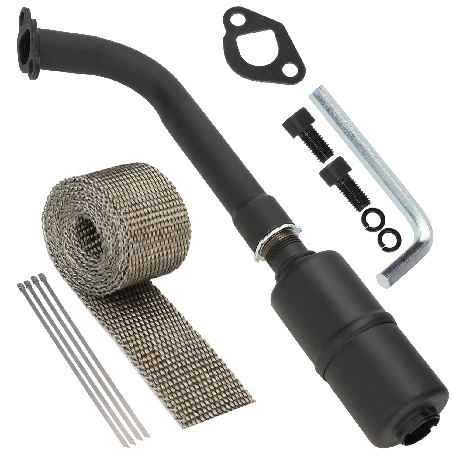 YOXUFA Exhaust Header Pipe Muffler for Predator 212 196cc 224cc 6.5hp Mini Bike Go Kart - Black with Heat Shield Tape