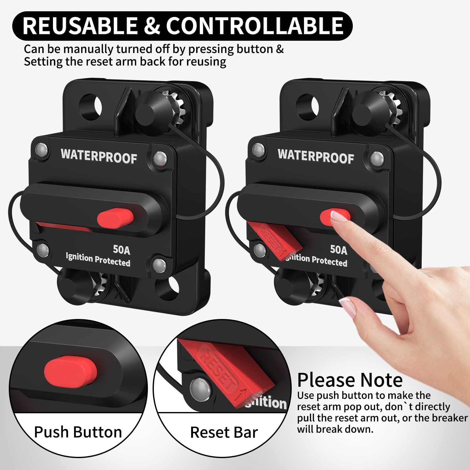 Daiertek 50 Amp Circuit Breaker, Waterproof Marine Circuit Breaker 12V 24V 48V Resettable Inline Fuse Switch, 12 Volt 50A Breaker For Boat Trolling Motor Car Automotive -2Pack