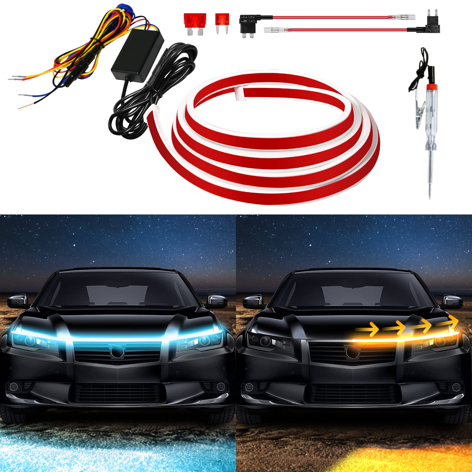 Exterior Car Led Hood Light Strip,Dual Color Dynamic Scan Start Up Hoodbeam Kit,Led Daytime Running Lights Ice Blue&Amber Switch