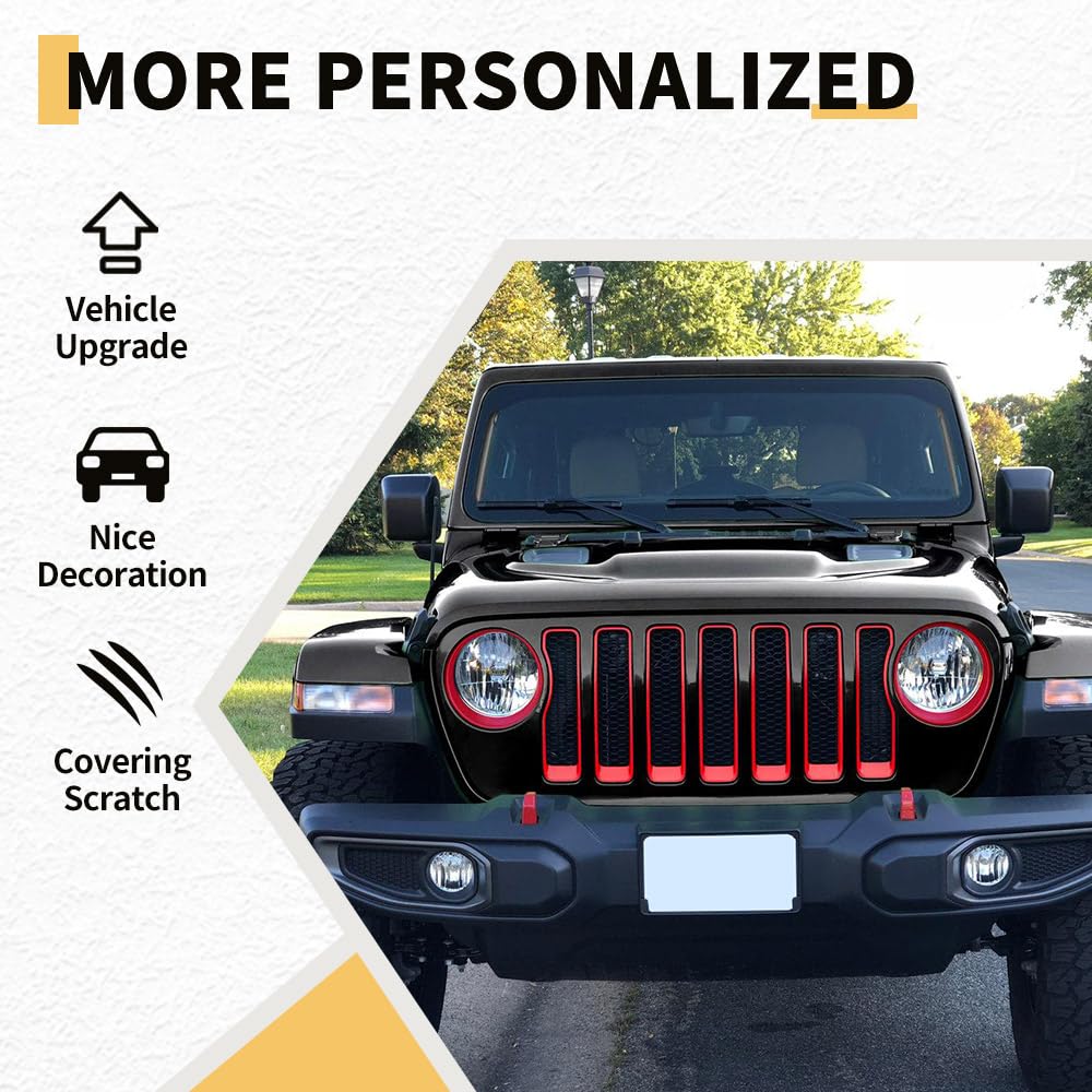 MAXDOM Grille Inserts Headlight Covers Set Fits for (2018-2023) Wrangler JL and Gladiator JT partial models Part#6KM35MRCAA (Red